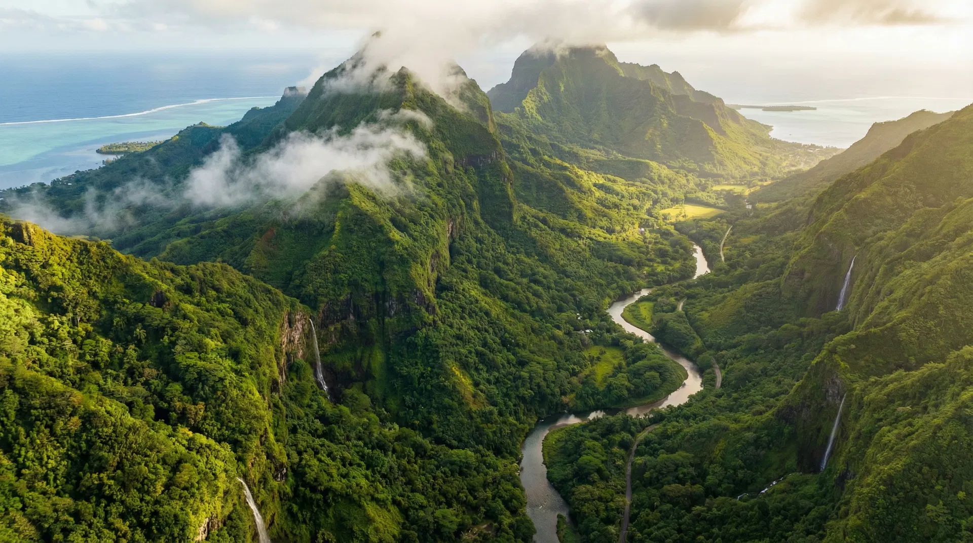 Aerial view of volcanic mountains and valleys in Tahiti, French Polynesia