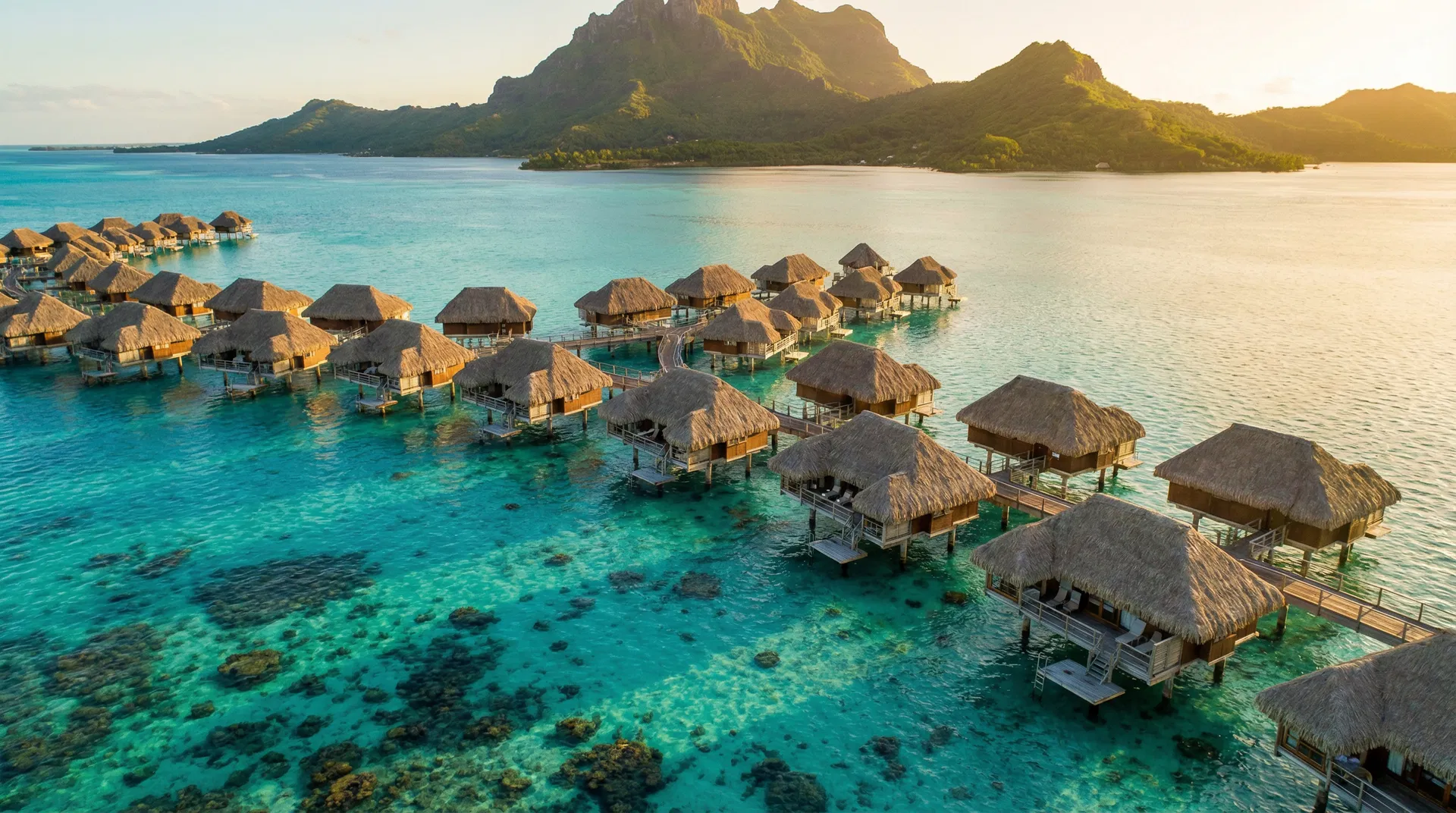 Overwater bungalows on the turquoise lagoon of Bora Bora, French Polynesia