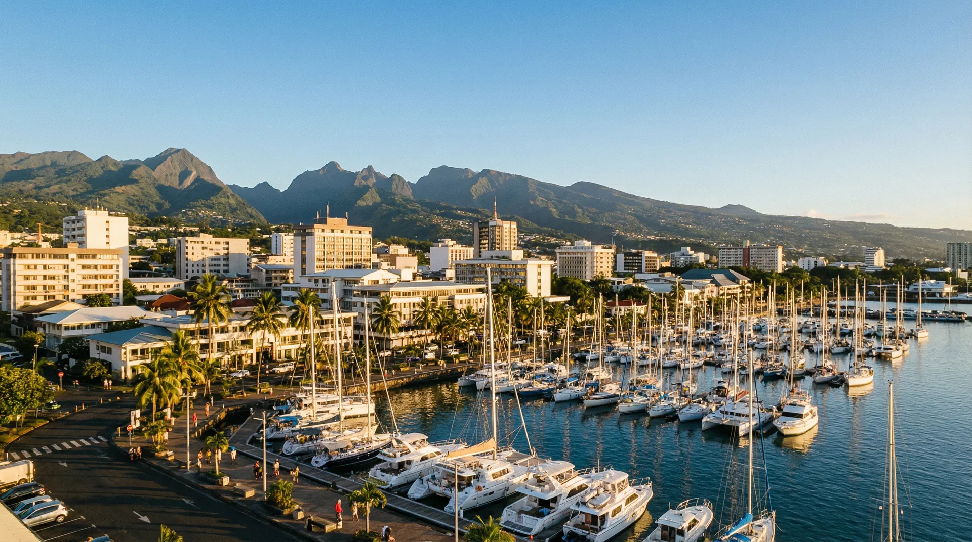 Papeete marina and city waterfront with mountains behind, Tahiti