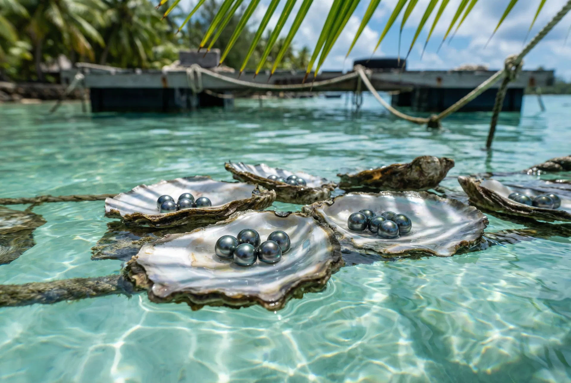 Tahitian black pearls in oyster shells on a pearl farm
