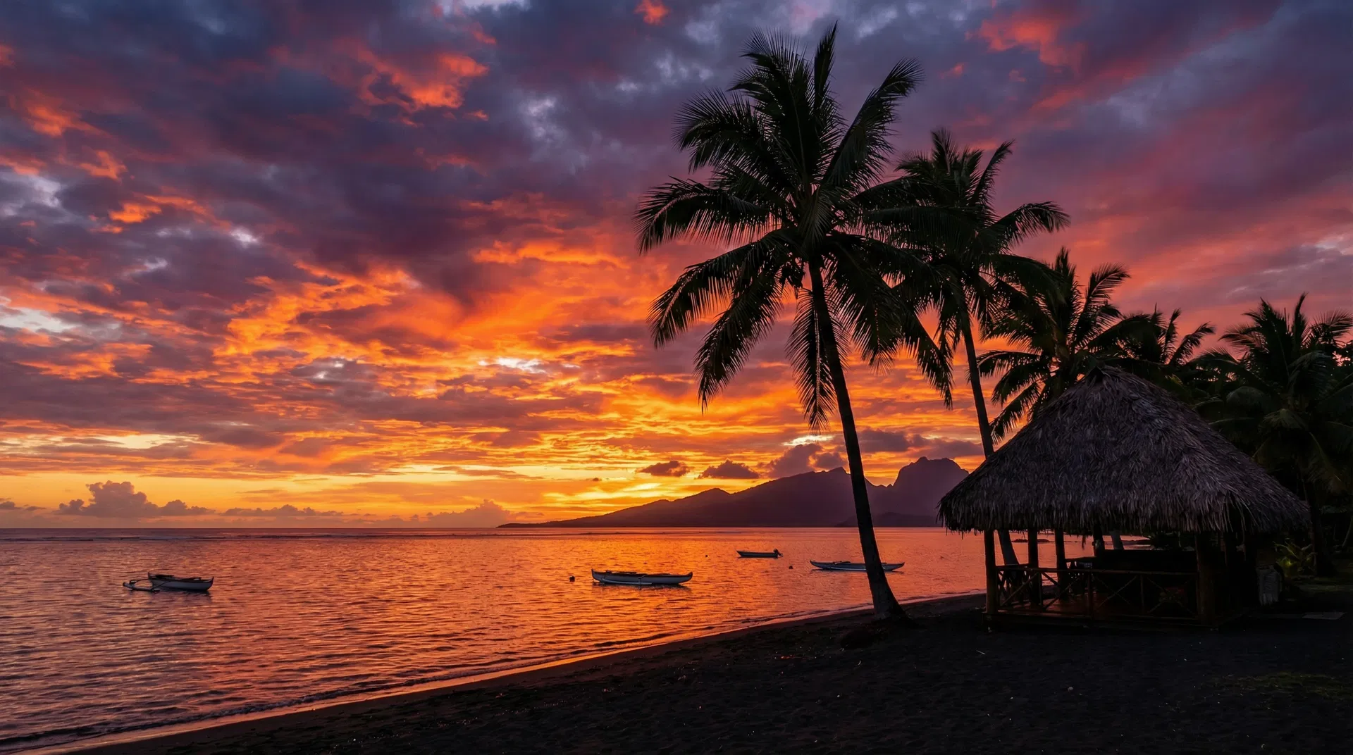 Dramatic sunset over the Pacific Ocean from Tahiti