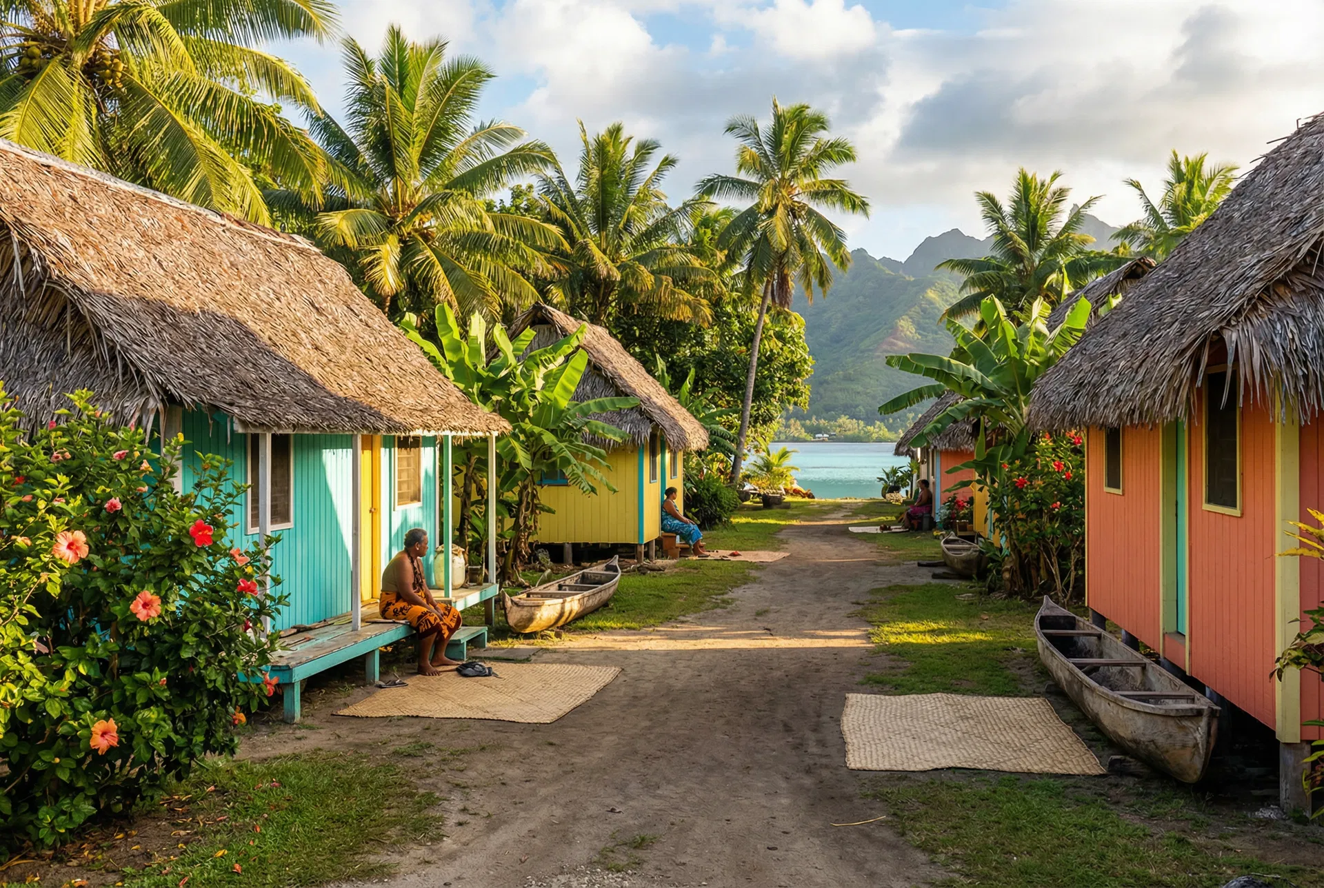 Traditional Polynesian village with colourful houses and palm trees