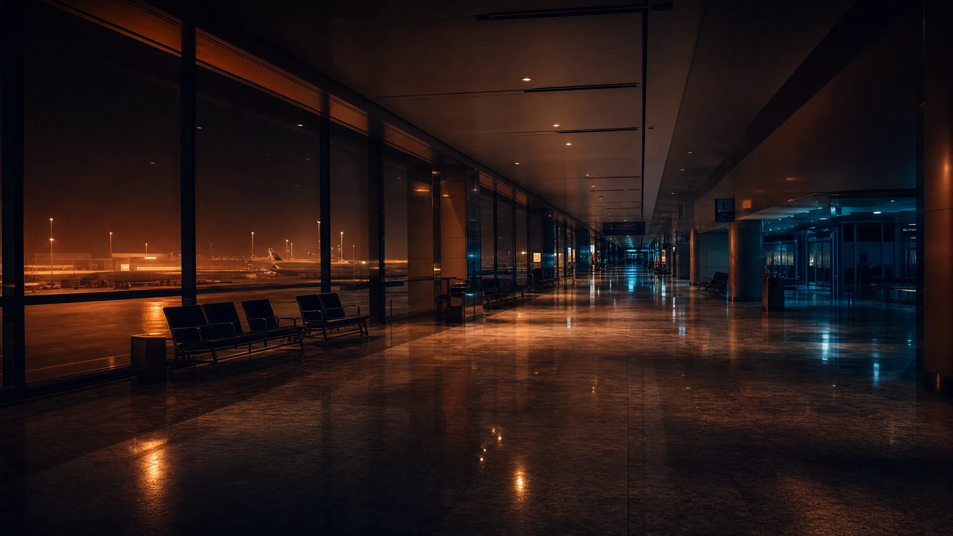 Flughafenlounge in der Abenddämmerung
