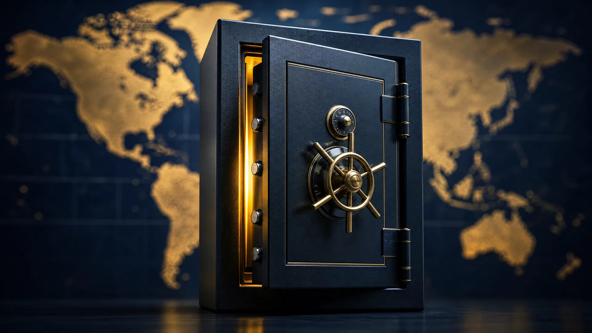 Safe door ajar before a world map symbolising asset protection with an offshore account