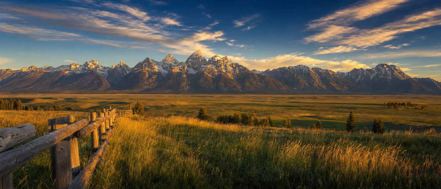 Beautiful Wyoming mountain landscape at golden hour with rolling plains and snow-capped peaks