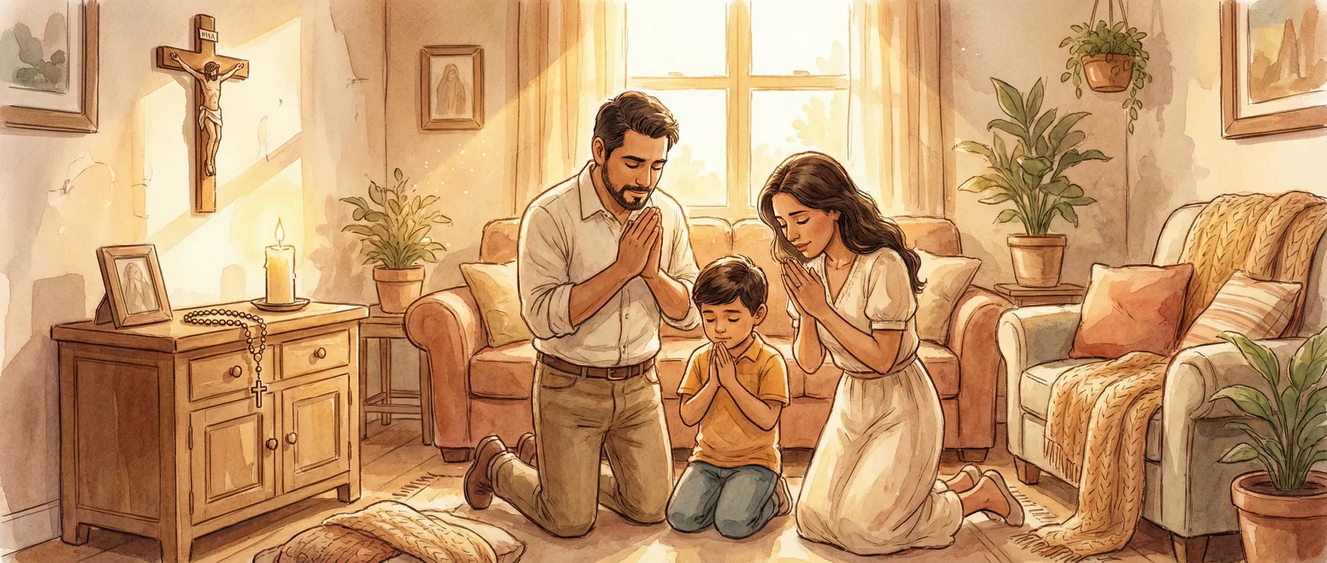 Familia católica rezando juntos