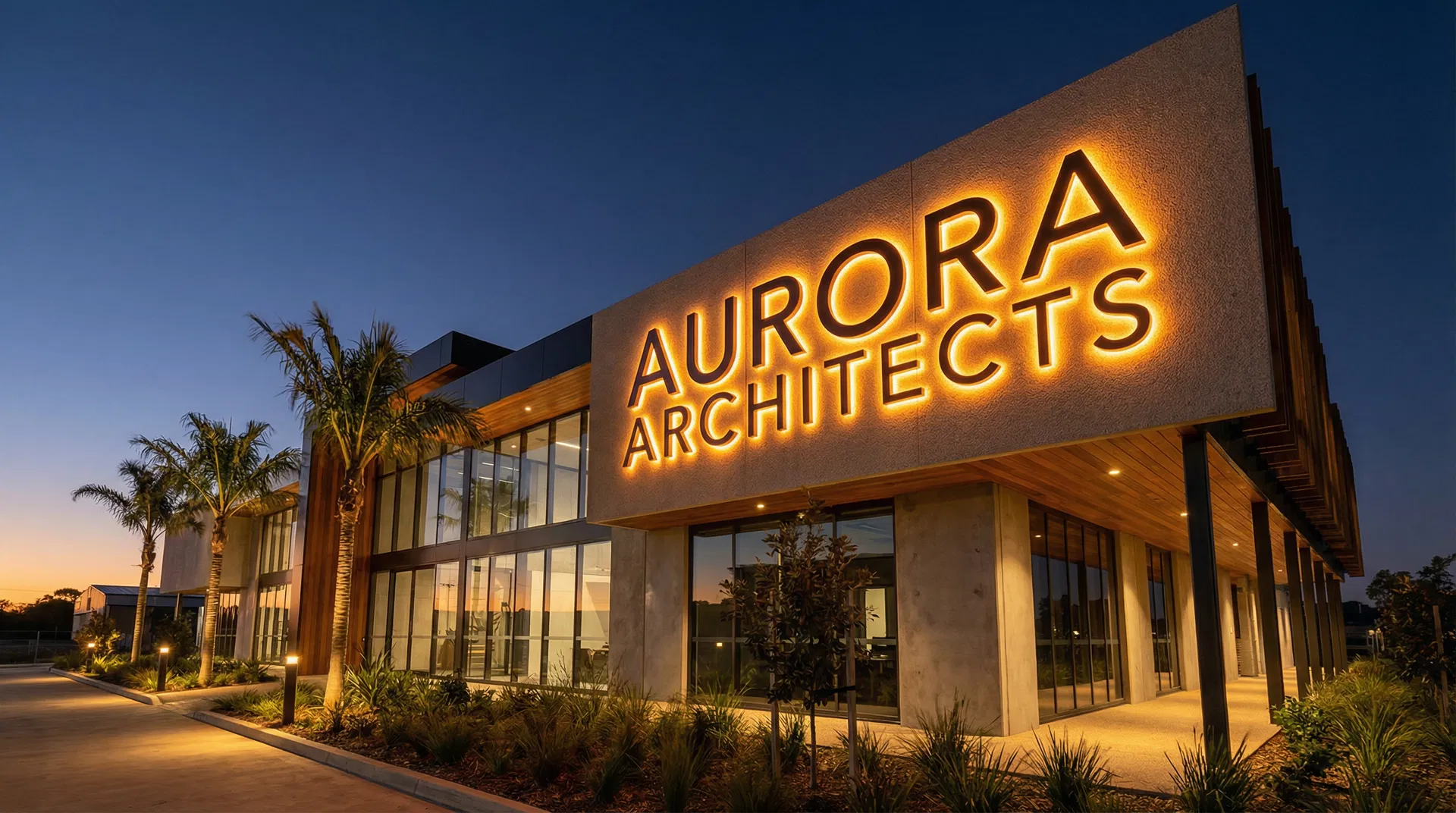 Professional channel letter signage installation at golden hour