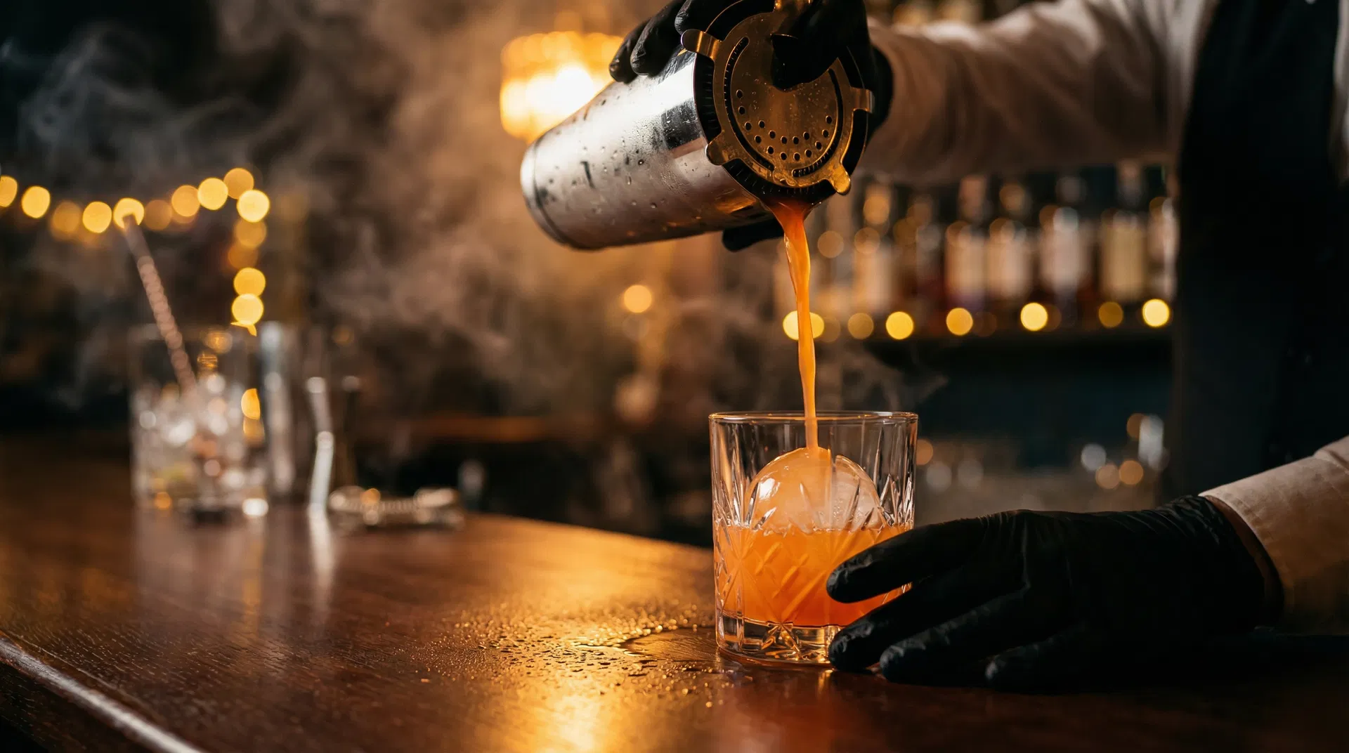 Dramatic cocktail pour with amber lighting