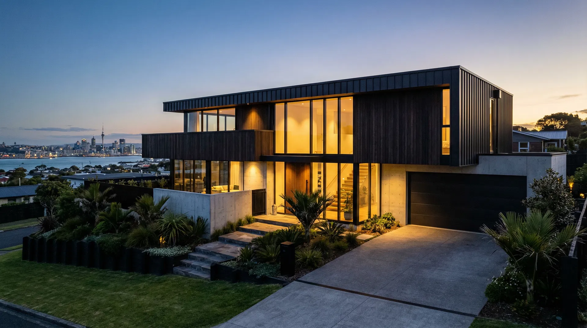 Modern Auckland home at dusk