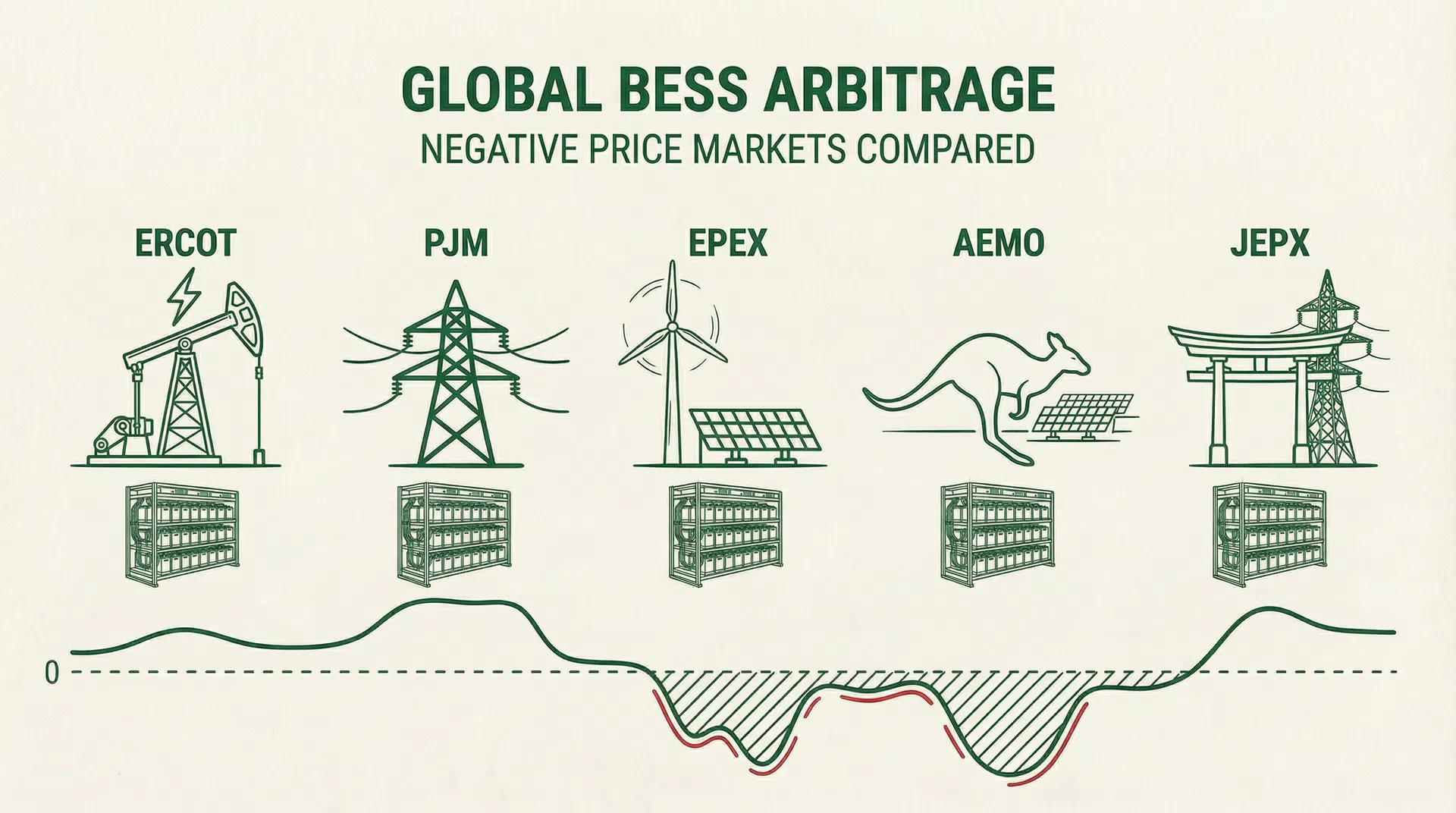 Global Electricity Market Design Compared: Japan, Europe, US ERCOT/PJM, and Australia NEM — Negative Pricing and BESS Arbitrage