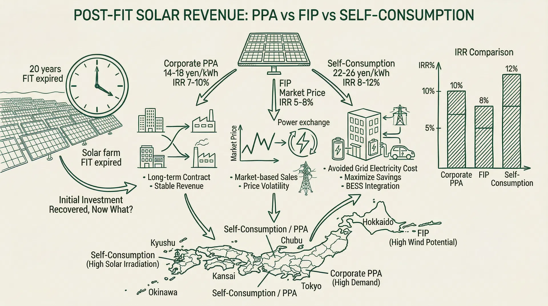 Maximizing Post-FIT Solar Revenue: PPA vs FIP vs Self-Consumption IRR Comparison