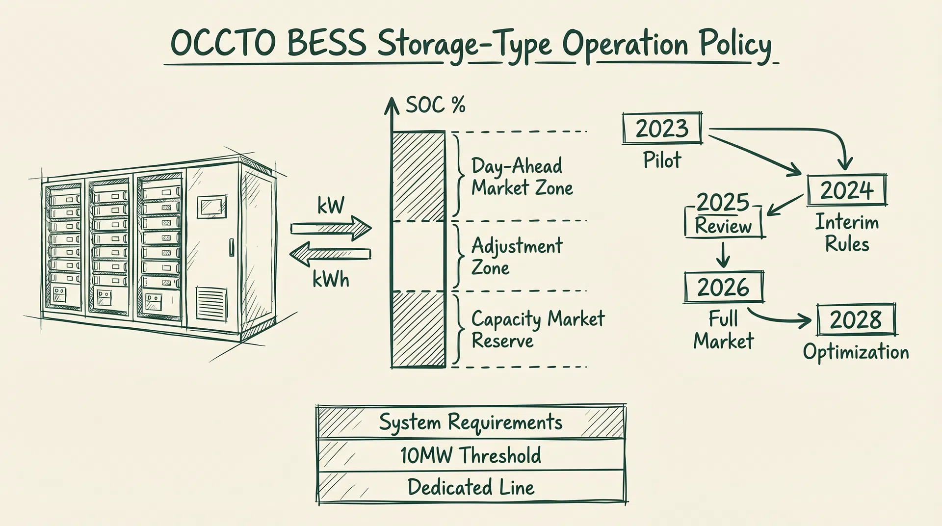 OCCTO Battery Storage "Storage-Type Operation" Policy Analysis: The 10MW Threshold, Dedicated Line Requirements, and TSO Real-Time kWh Management Framework