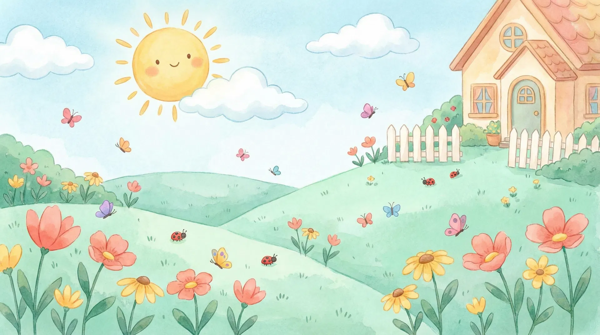 Watercolor garden illustration with flowers, butterflies, and a cozy cottage — Love Bugs Home Daycare in Holiday, FL