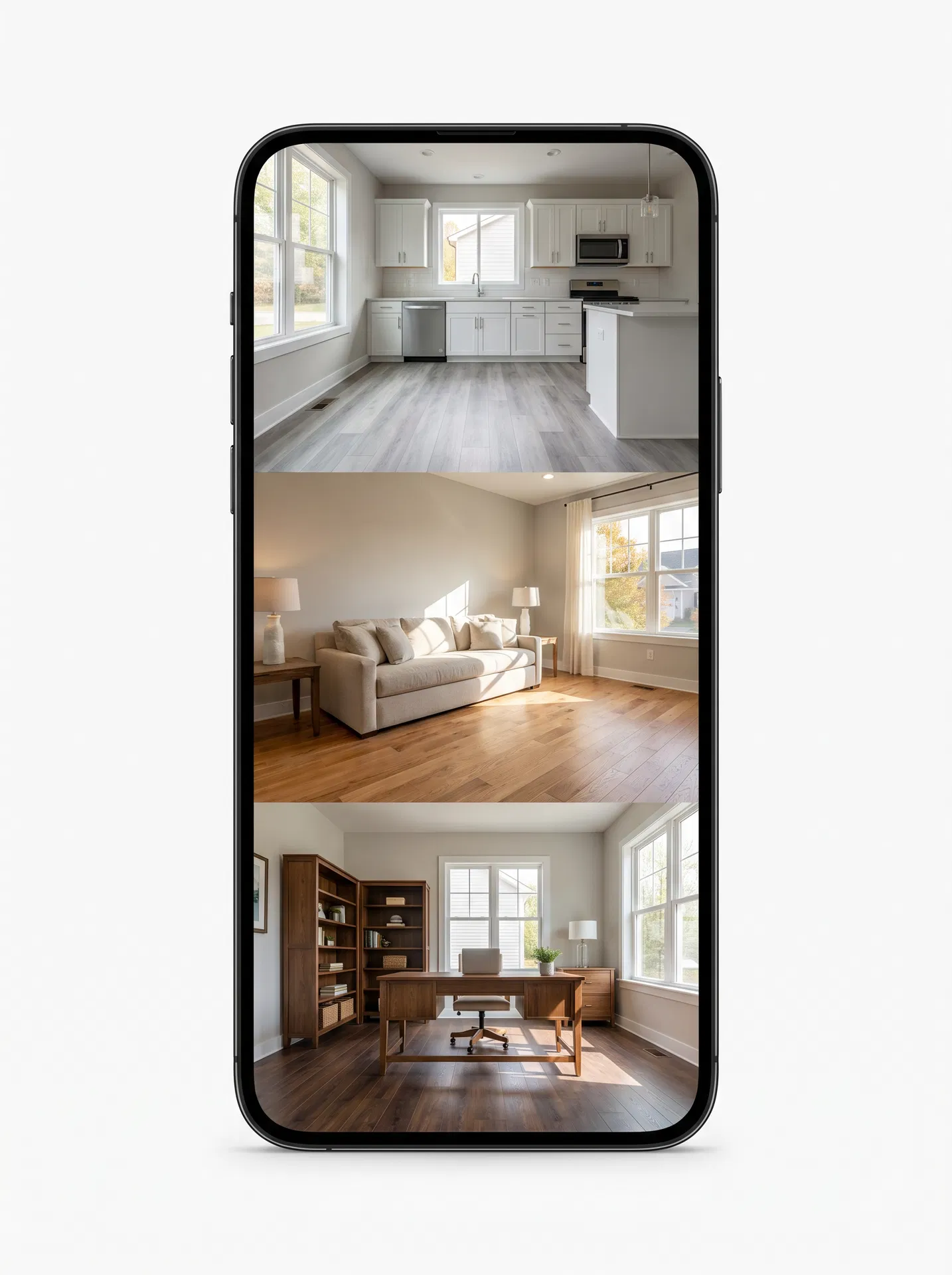 Multiple rooms shown on a smartphone screen previewing different flooring styles