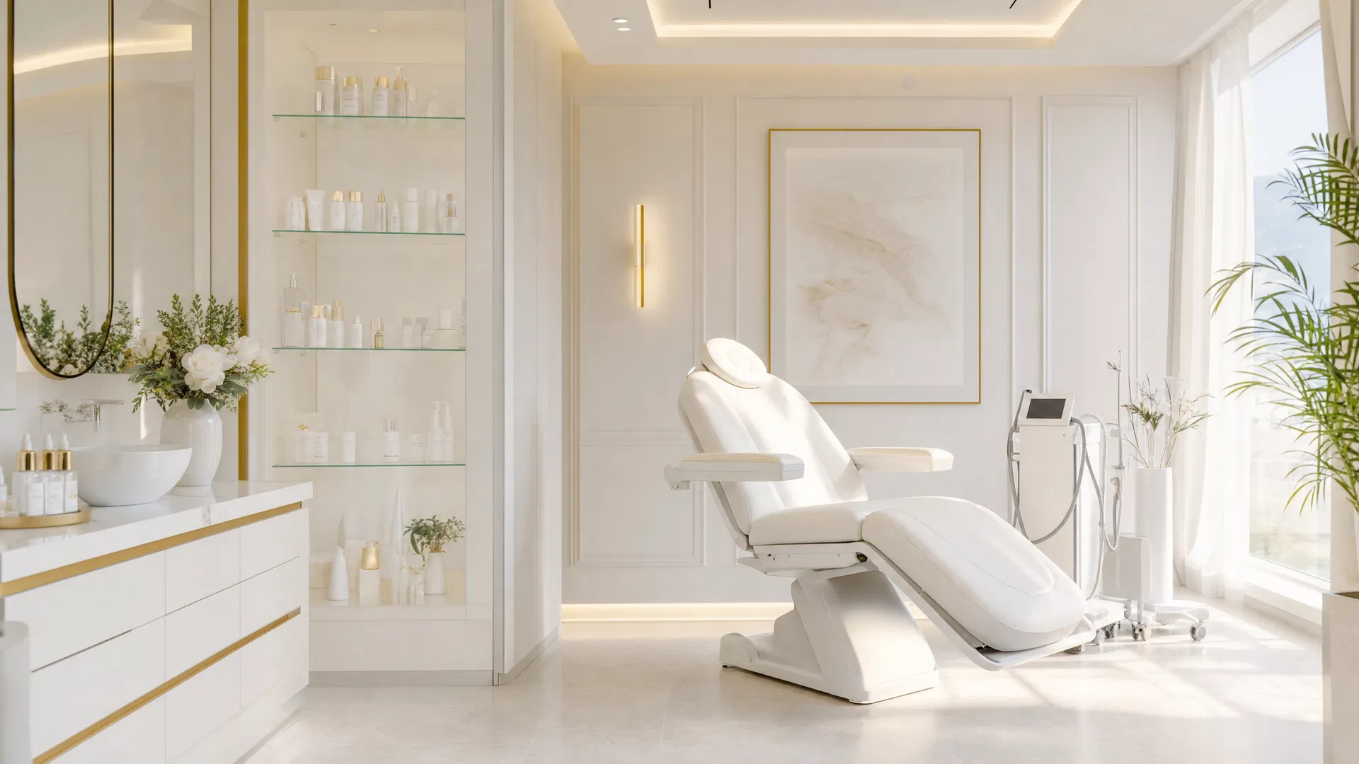 Beyaz ve gold detaylı medikal estetik klinik odası
