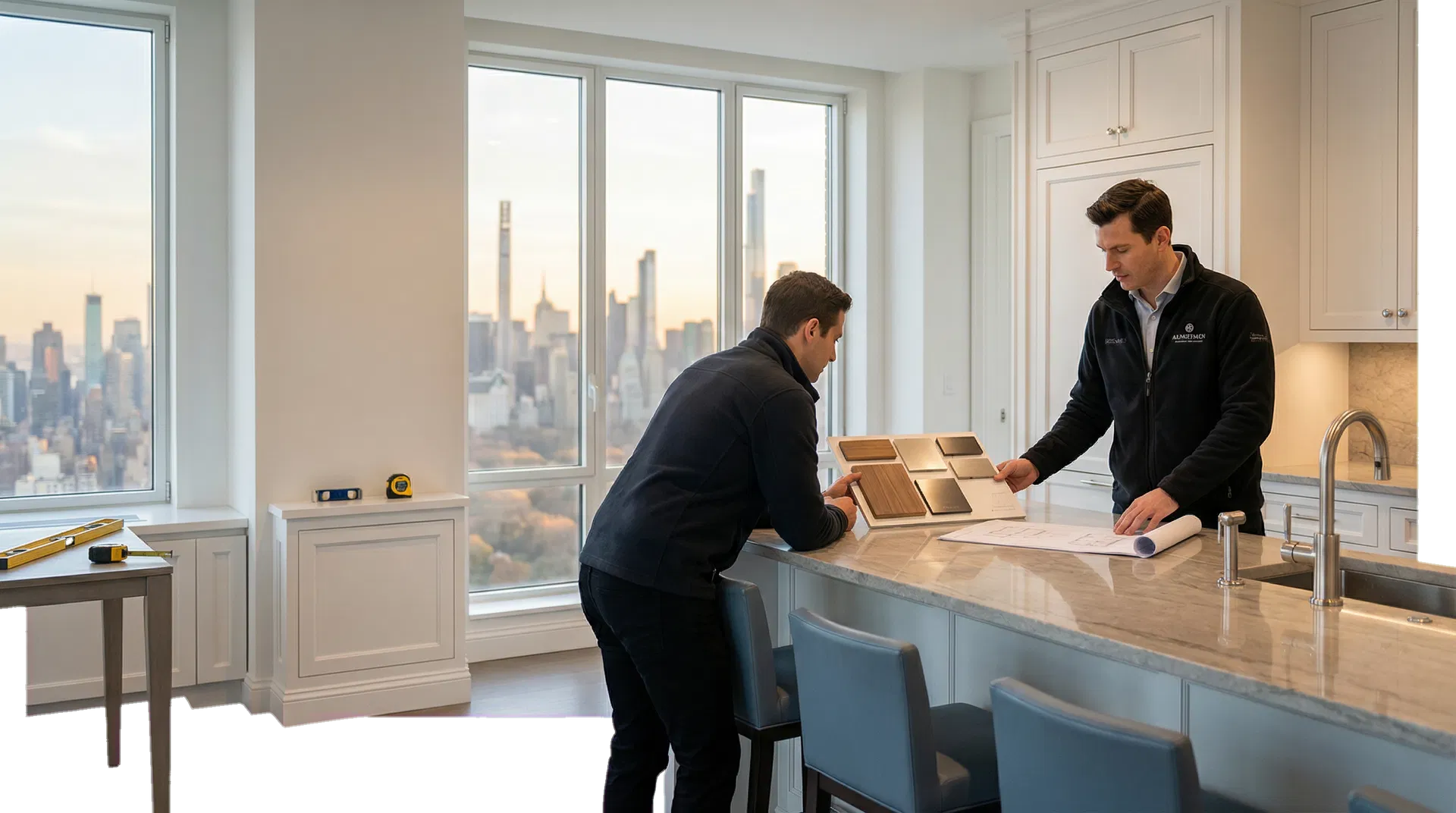 Luxury editorial construction scene for an NYC renovation company