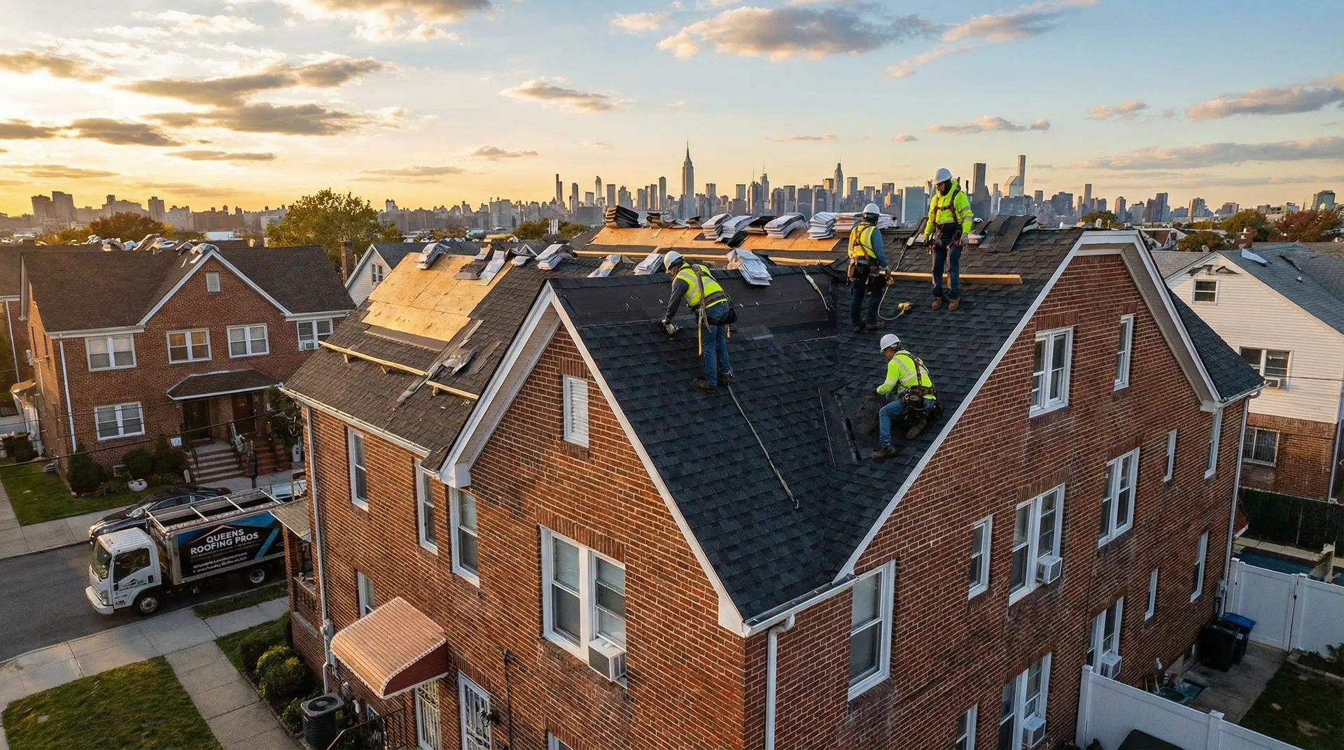 Roofing crew working on Queens NY home