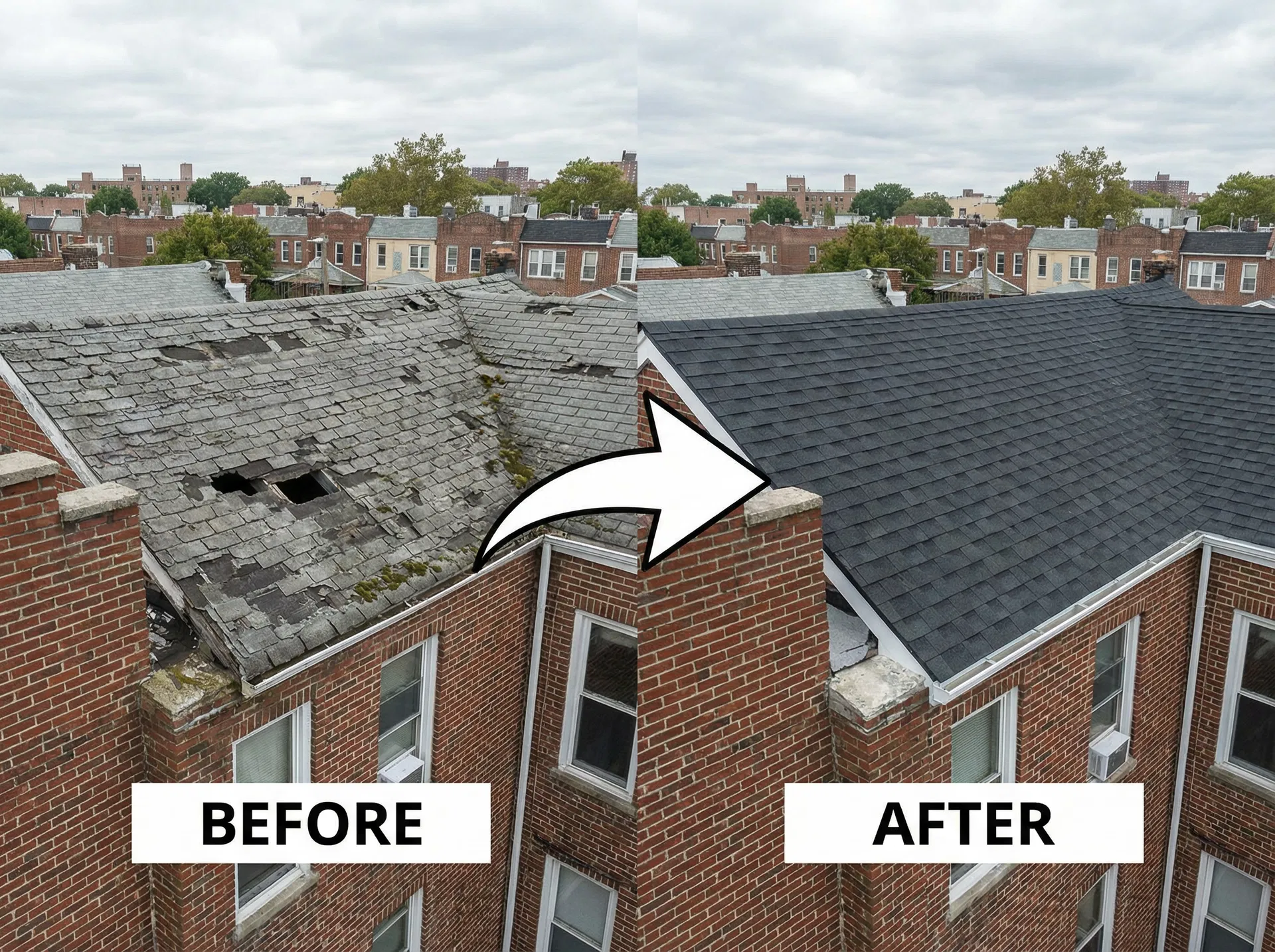 Roof repair before and after Queens NY