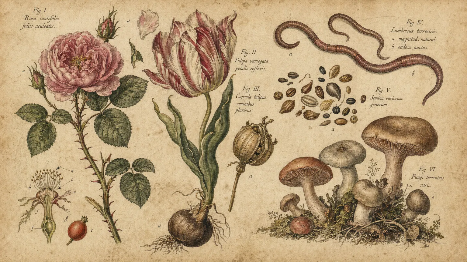 Botanical engraving — roses, tulips, earthworms, fungi
