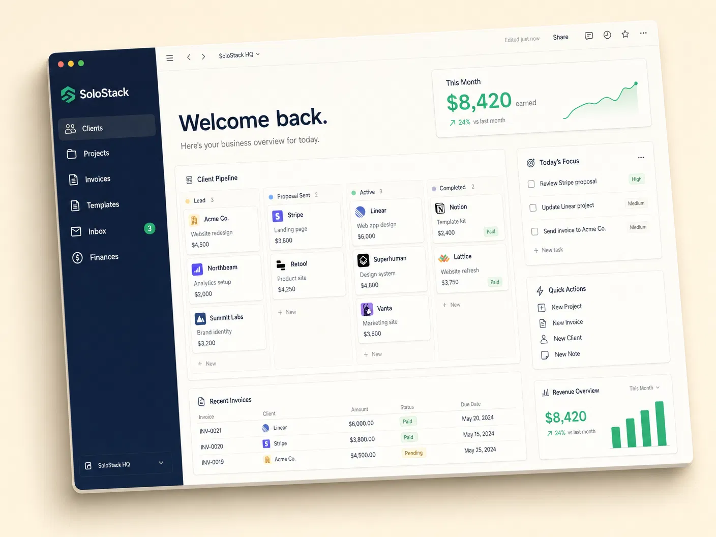 SoloStack Notion workspace dashboard