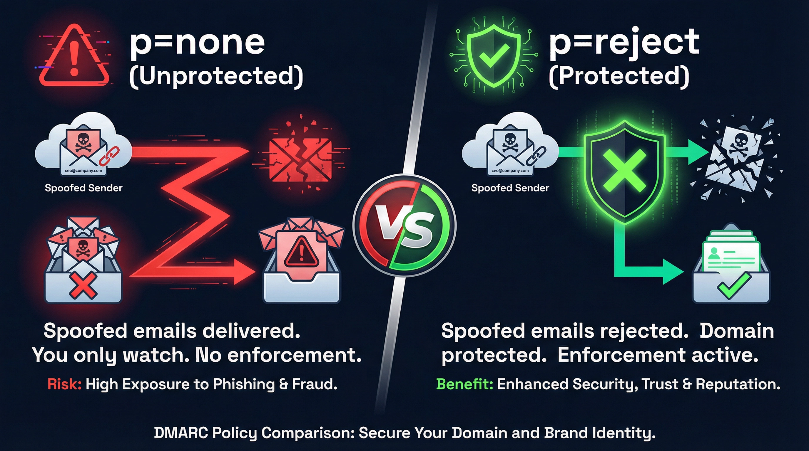 DMARC p=none unprotected vs p=reject protected domain comparison infographic
