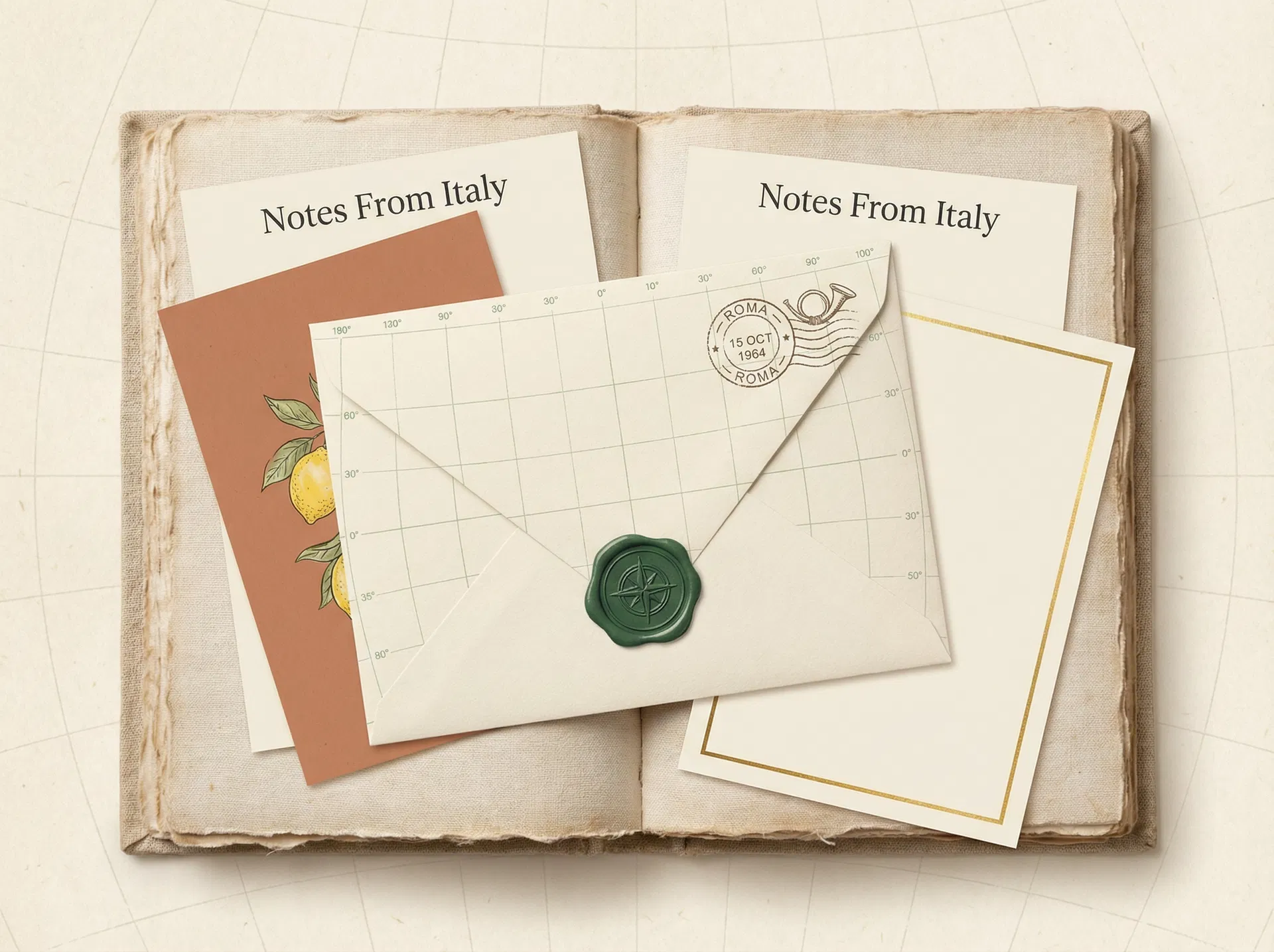 A Note From Italy subscription envelope with letter, recipe card, and culture card