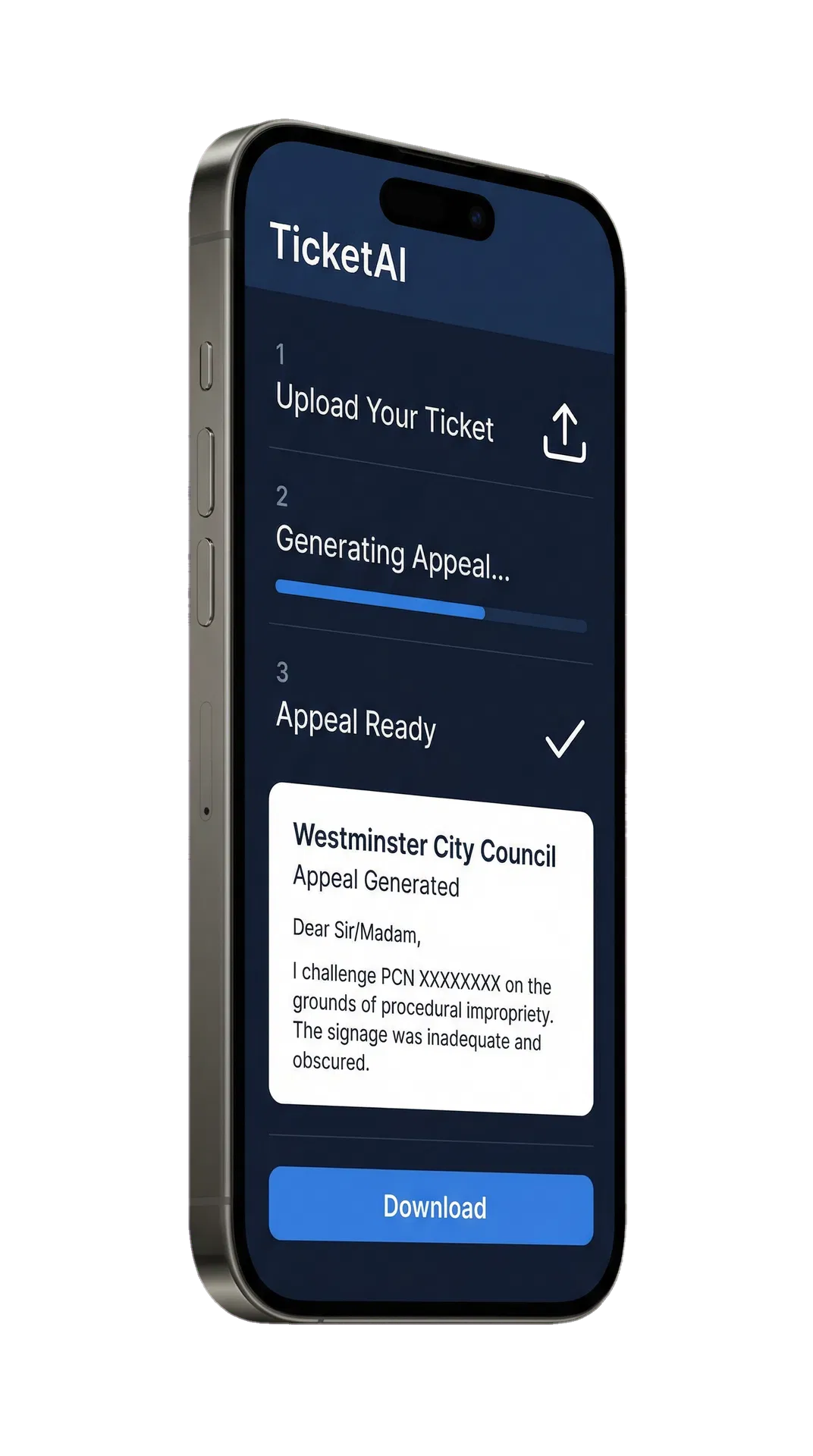 TicketAI mobile app showing Westminster City Council appeal ready