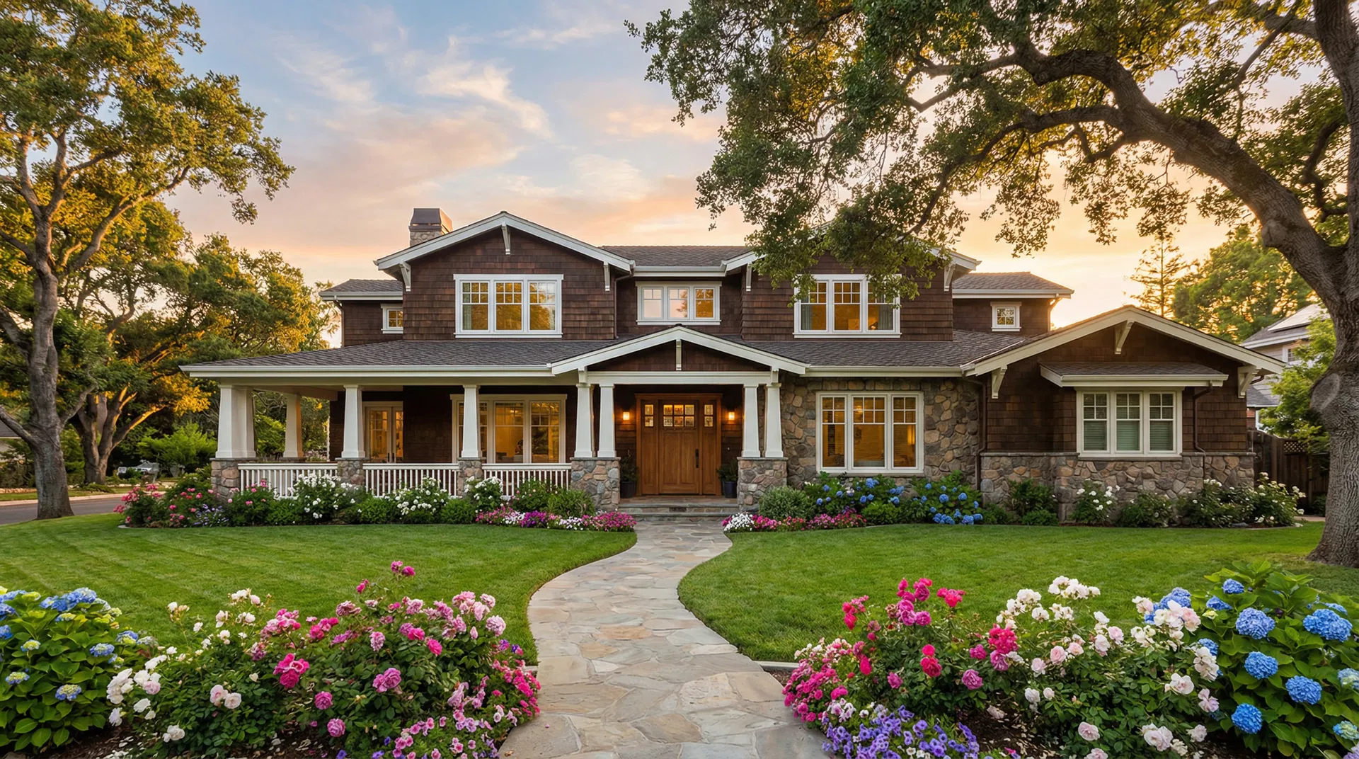 Beautiful craftsman-style home exterior at golden hour