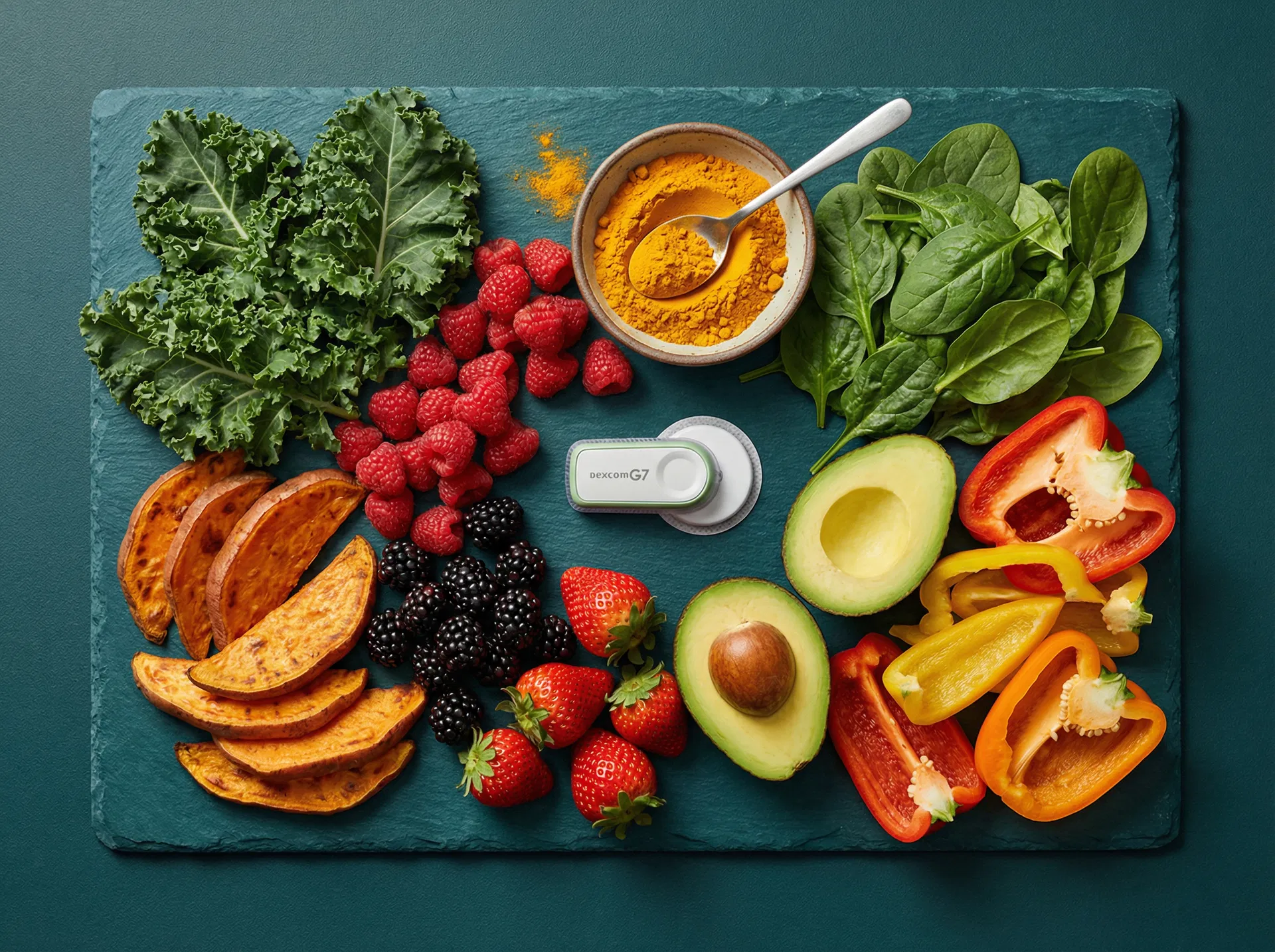 Blood sugar friendly foods: vegetables, berries, avocado, and CGM device