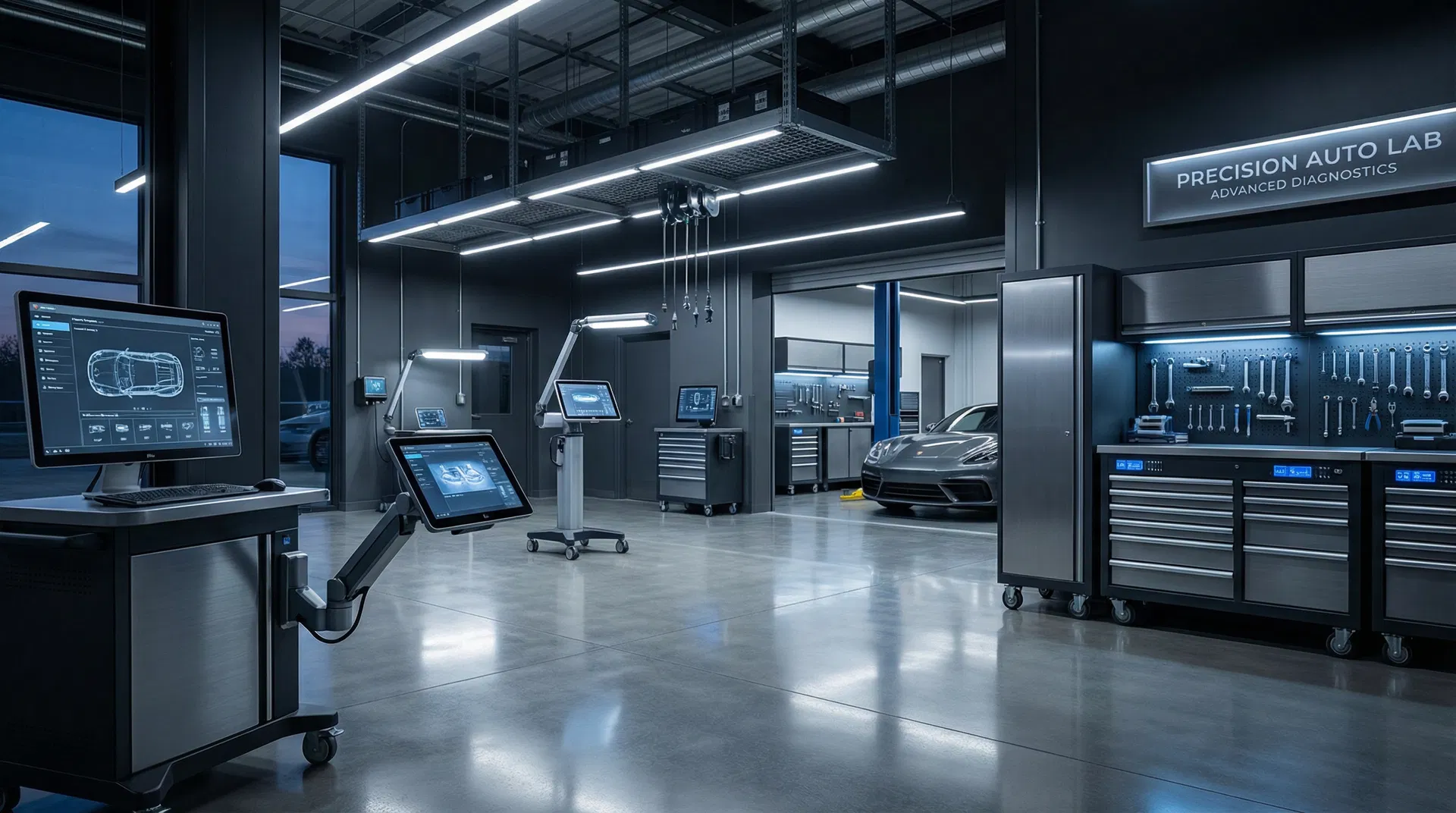 Professional automotive workshop with diagnostic equipment