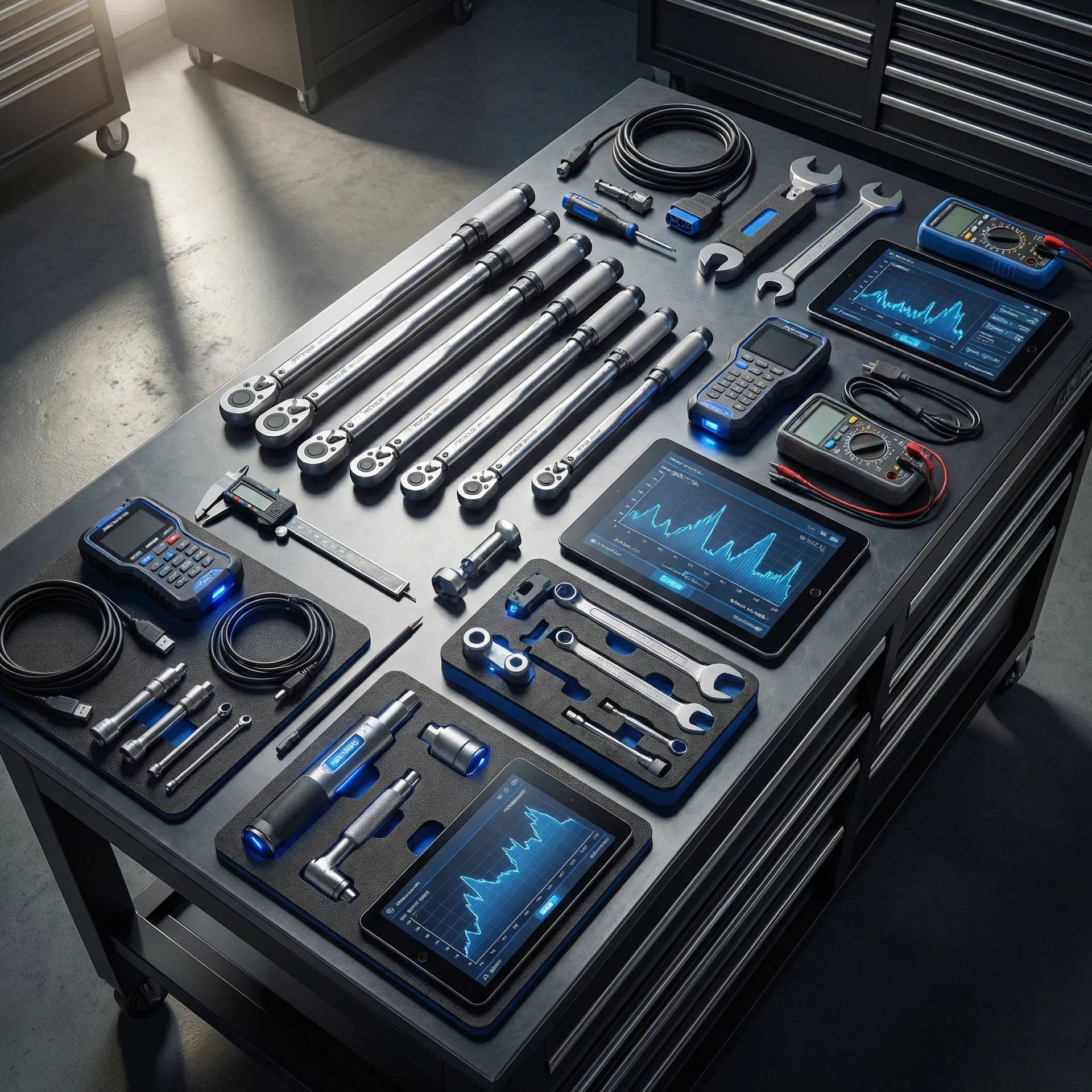 Precision diagnostic tools and equipment organized professionally