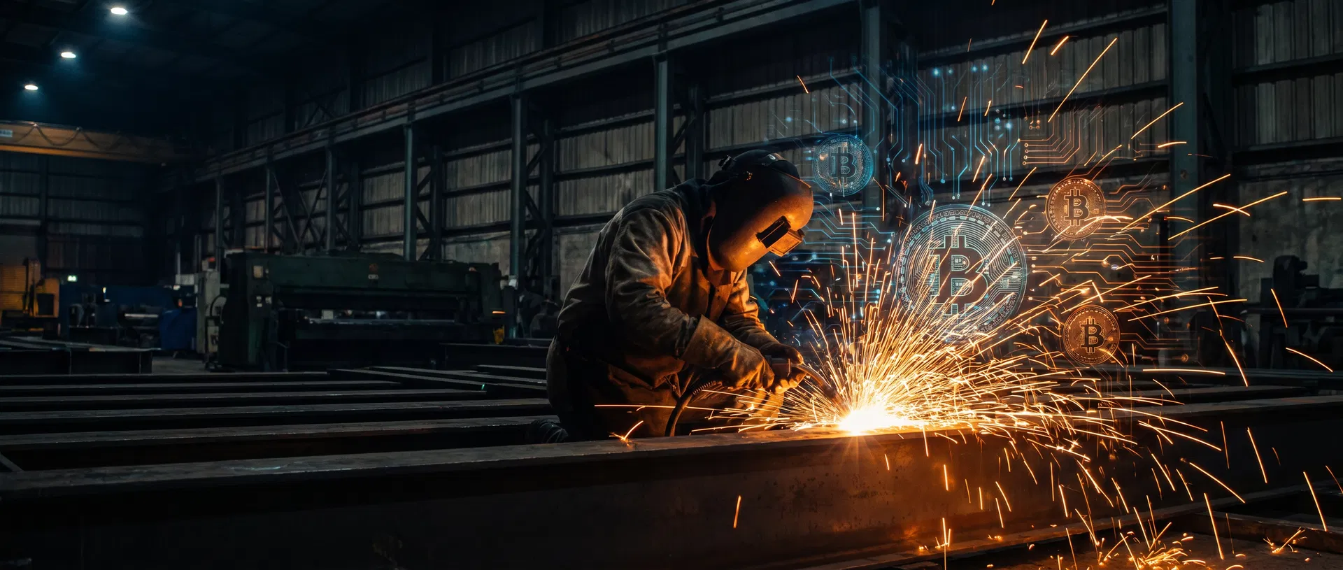 Welder at work with Bitcoin symbols