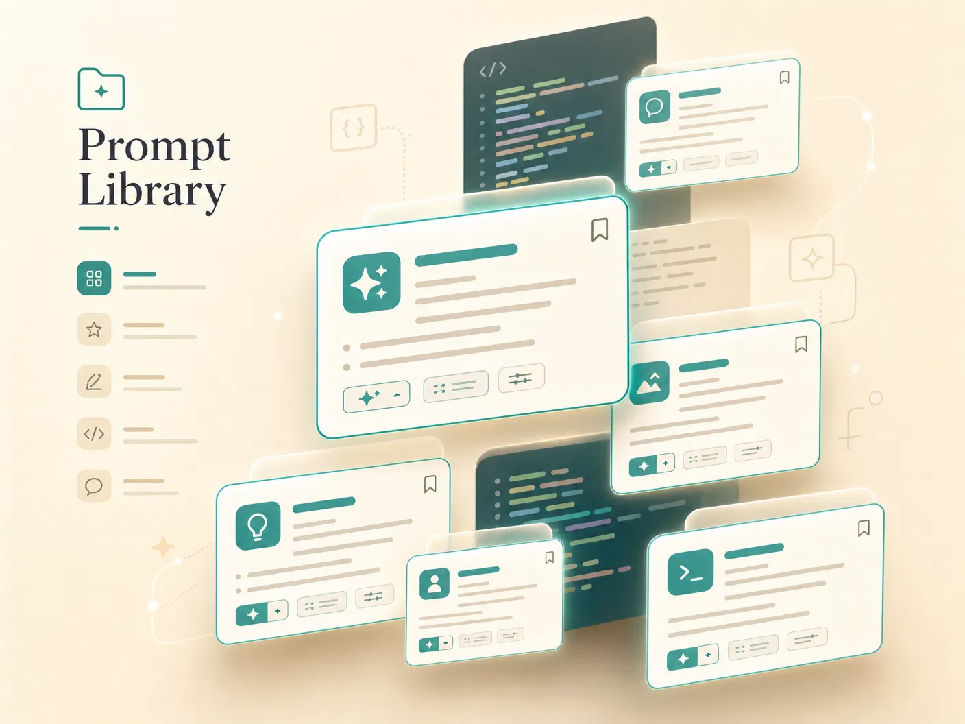 Prompt library illustration showing AI prompt cards