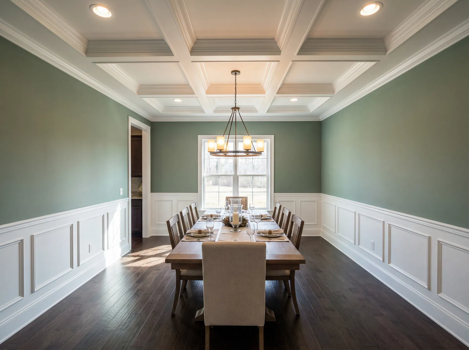 Dining room interior painting — sage green walls with white wainscoting
