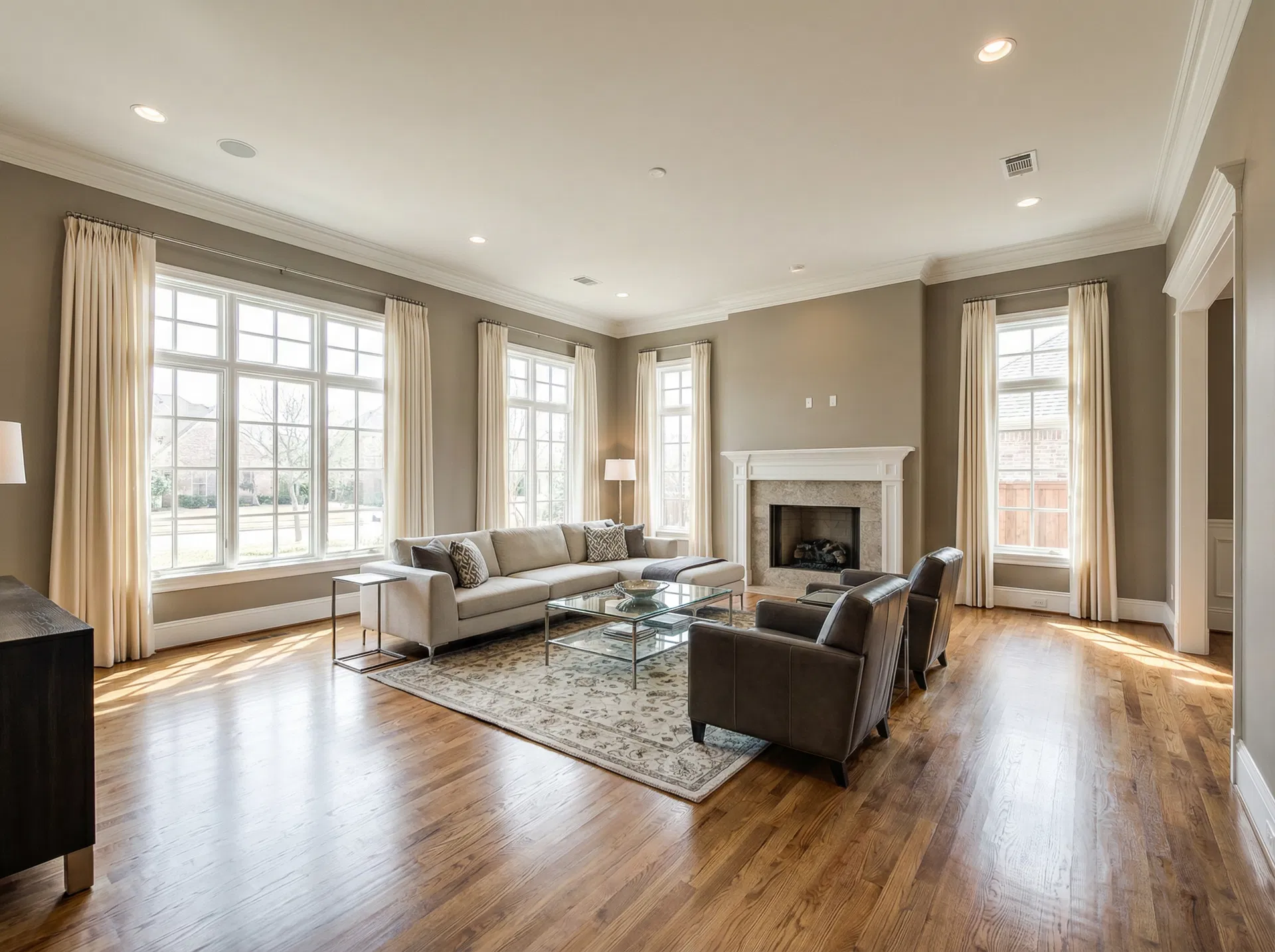 Living room interior painting — warm greige walls with crisp white crown molding