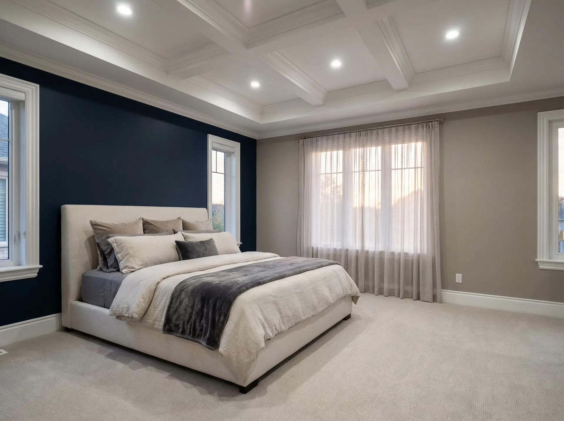 Master bedroom interior painting — navy accent wall with neutral walls