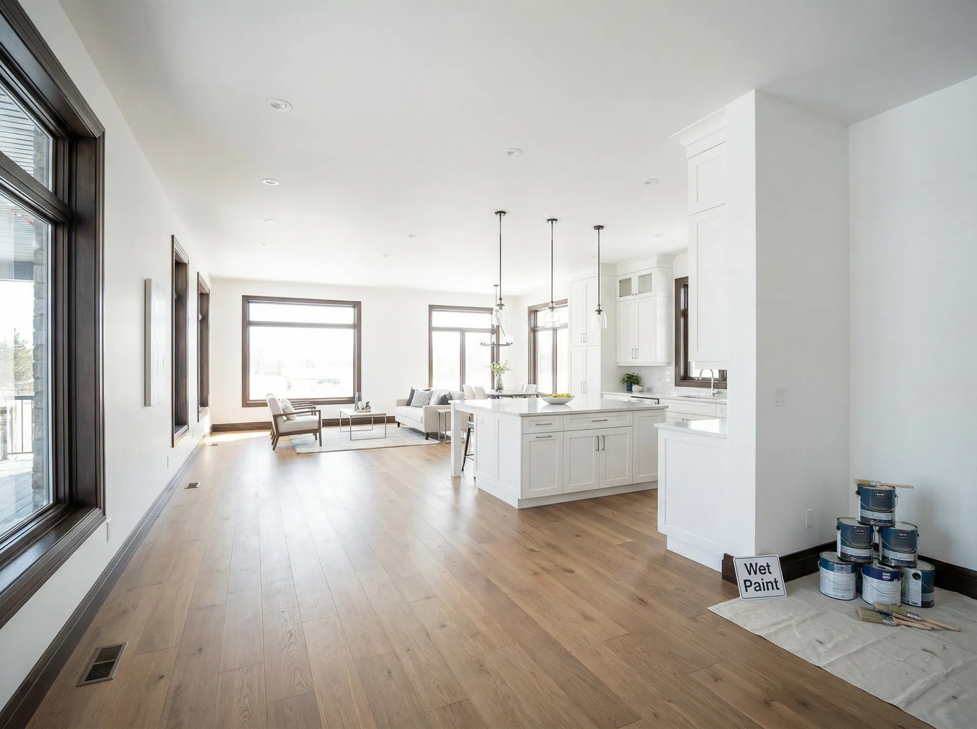 Open concept living and kitchen interior painting — bright white throughout