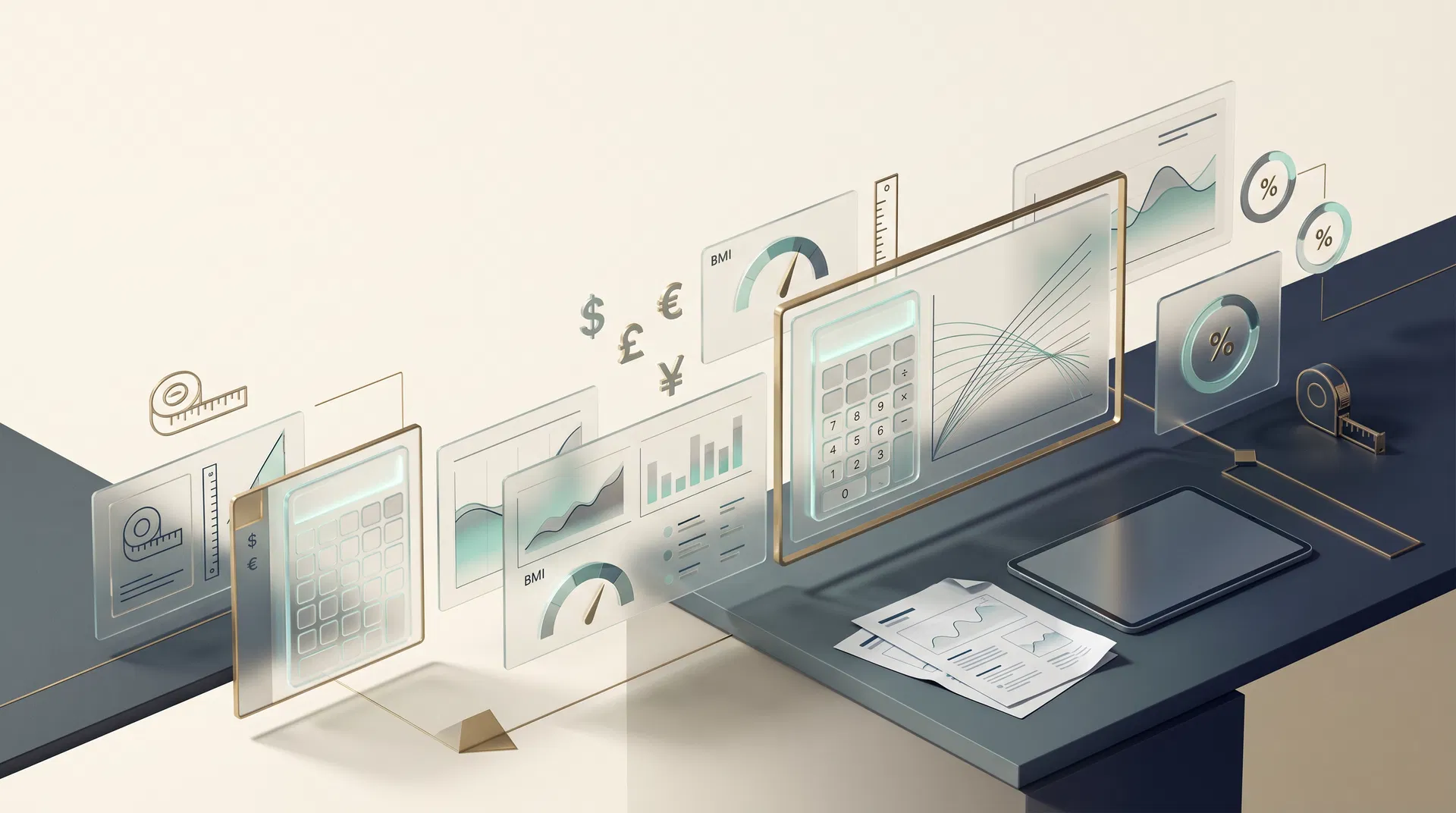 Editorial illustration representing finance, health, and conversion calculators