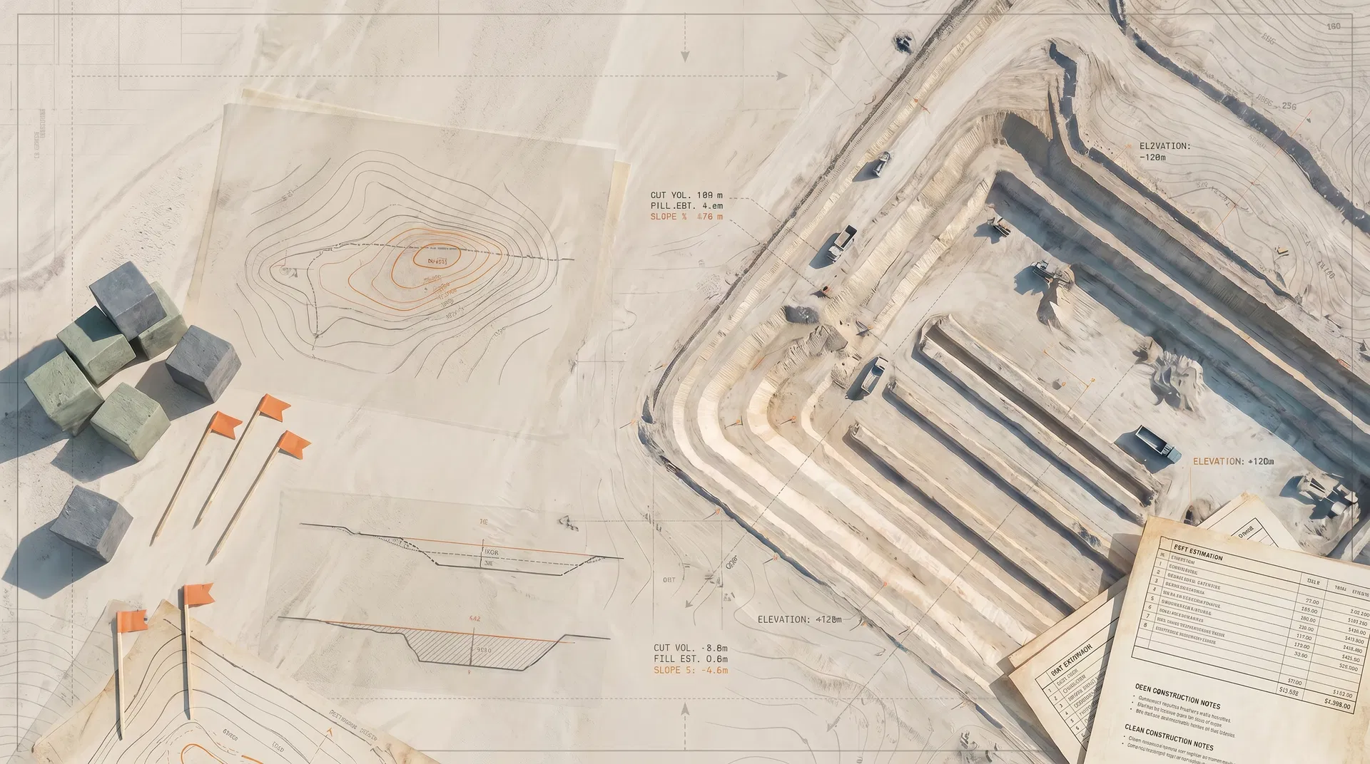 Editorial atlas collage of construction calculations