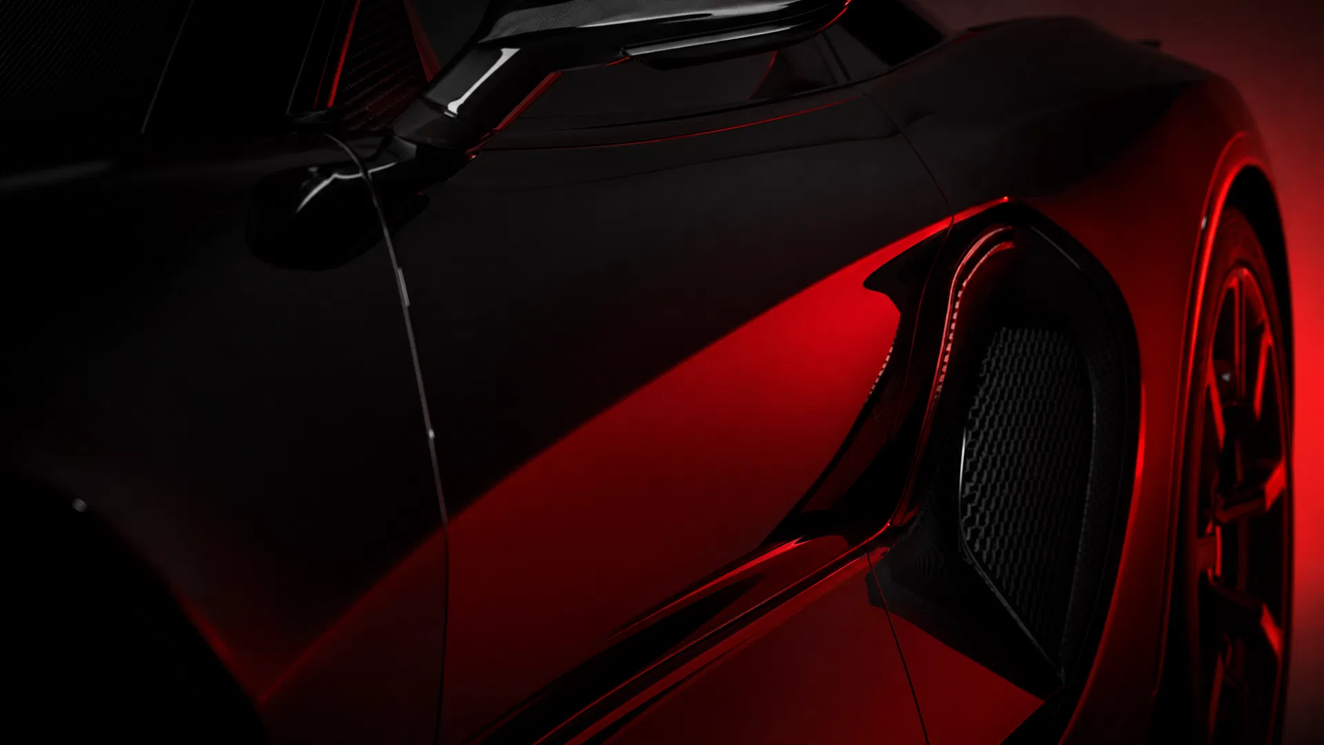 Sleek car body with dramatic red lighting