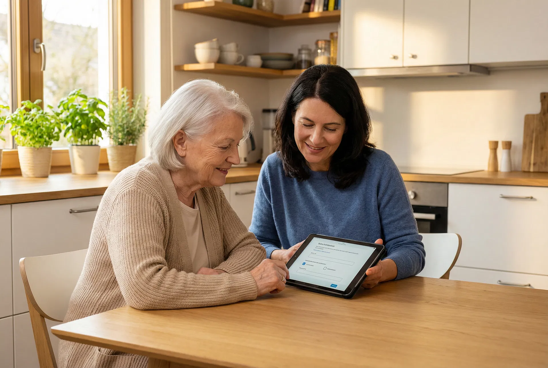 Ältere Frau und ihre Tochter schauen gemeinsam auf ein Tablet