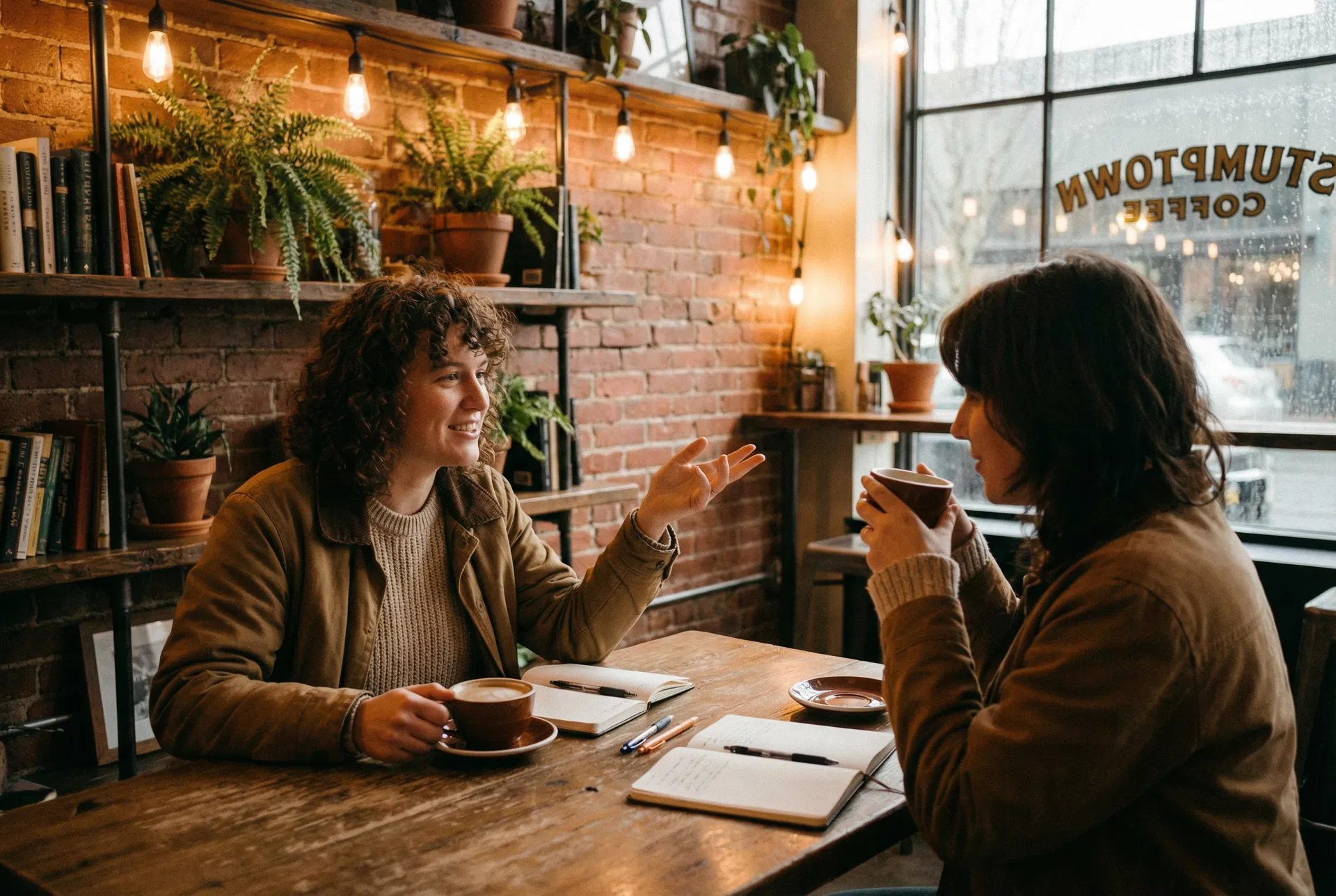 Two people having a relaxed coffee conversation in a Portland coffee shop