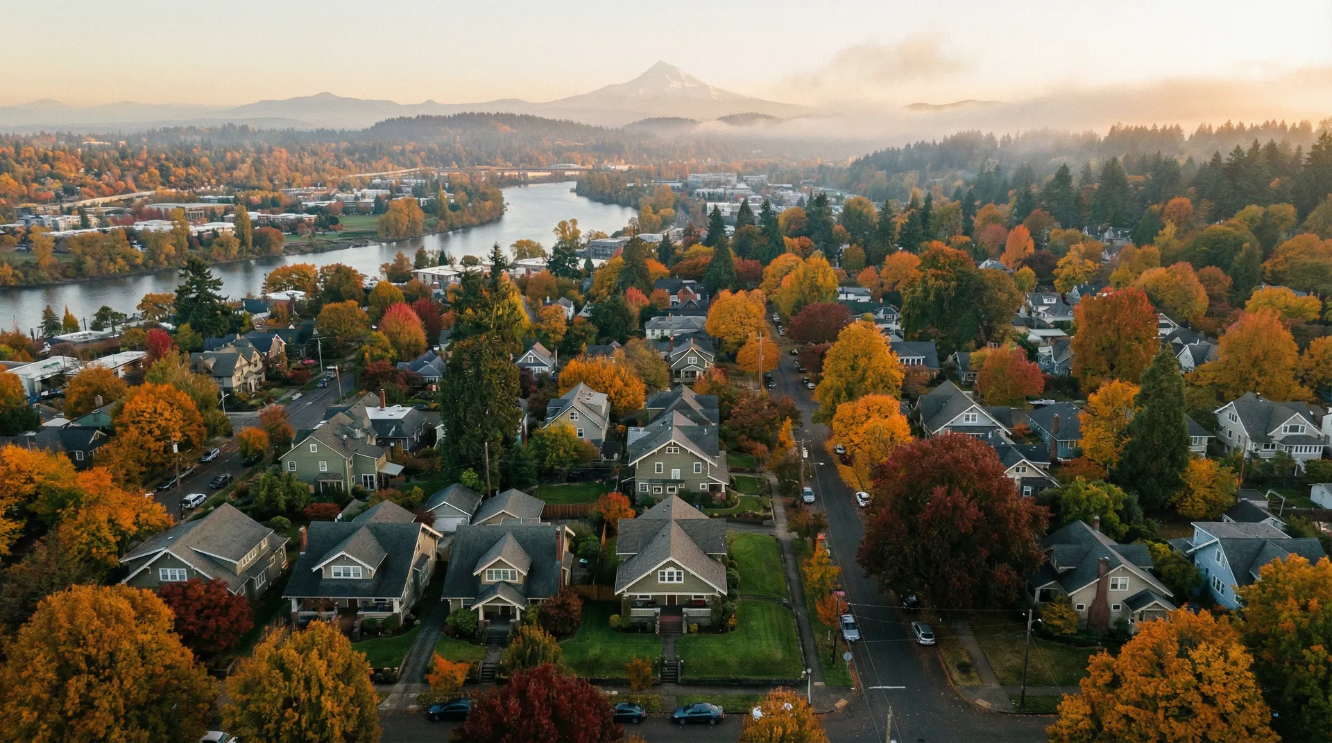 Portland neighborhood aerial view in autumn