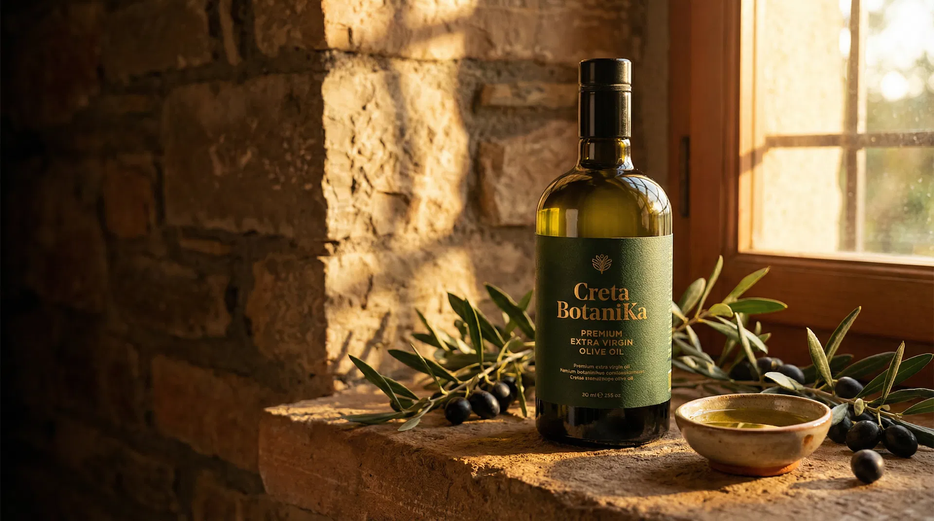 Creta BotaniKa olive oil with stone wall and olives