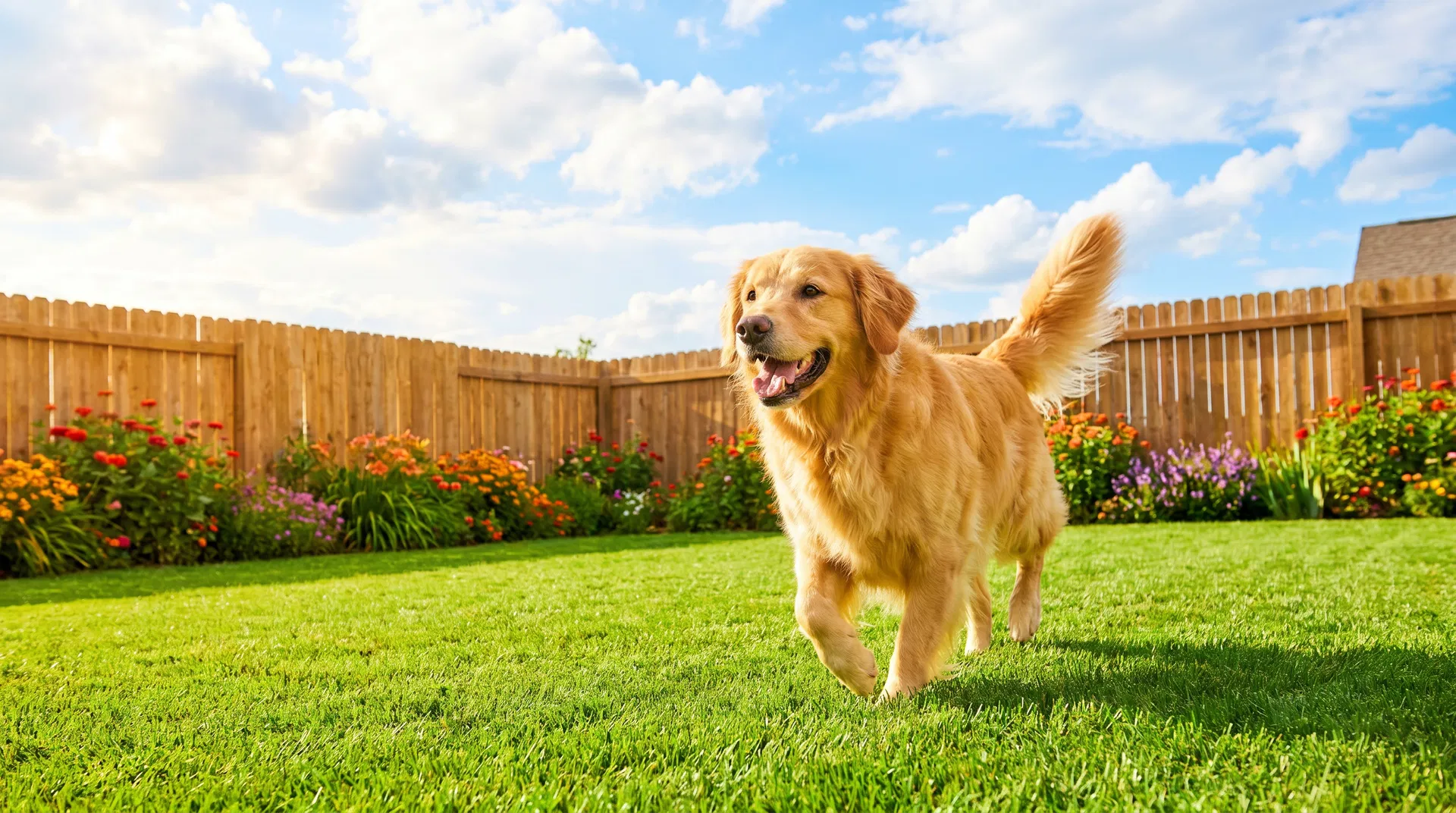 Happy golden retriever playing in a clean backyard
