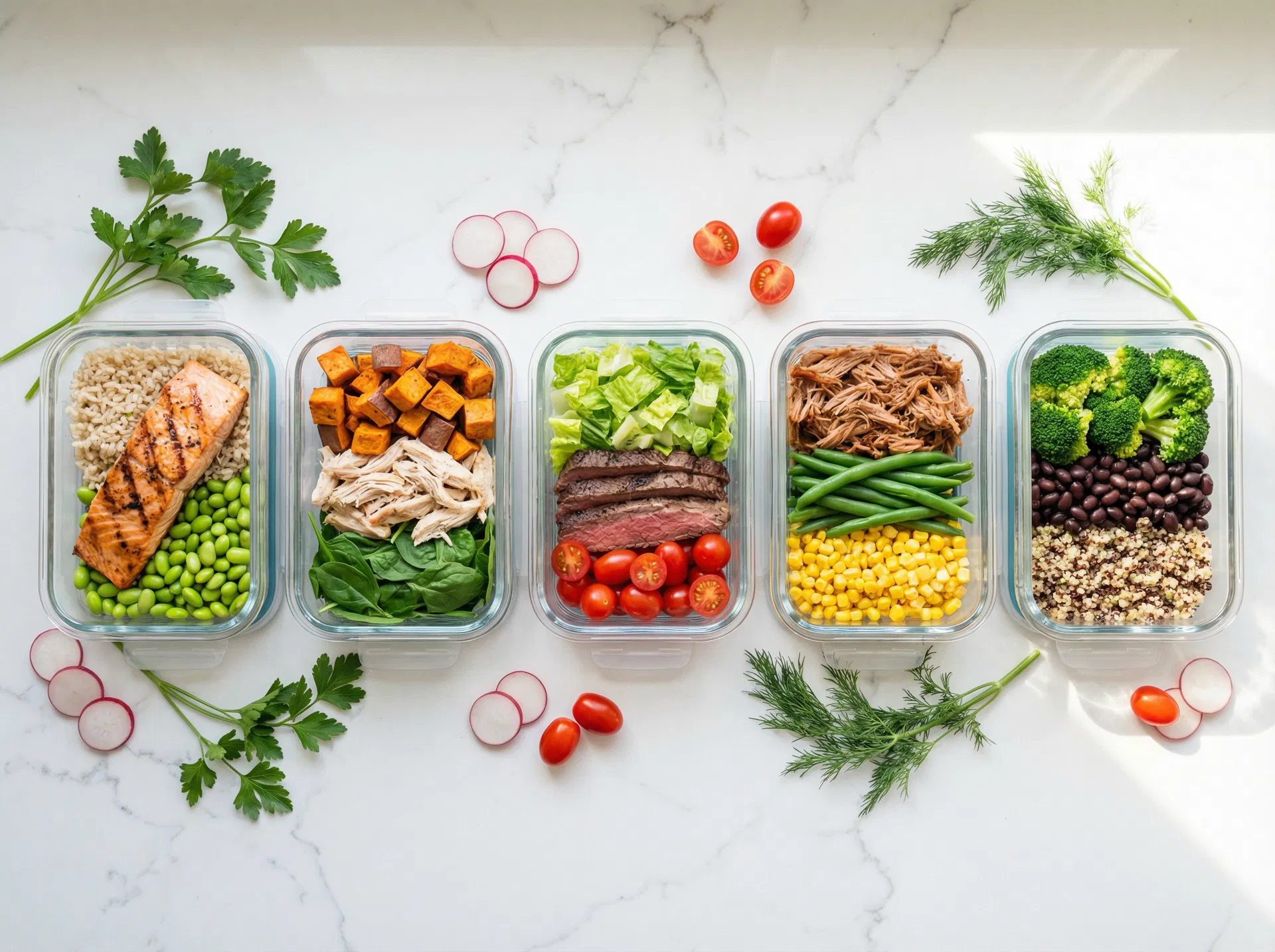 Meal prep containers with gourmet bowls