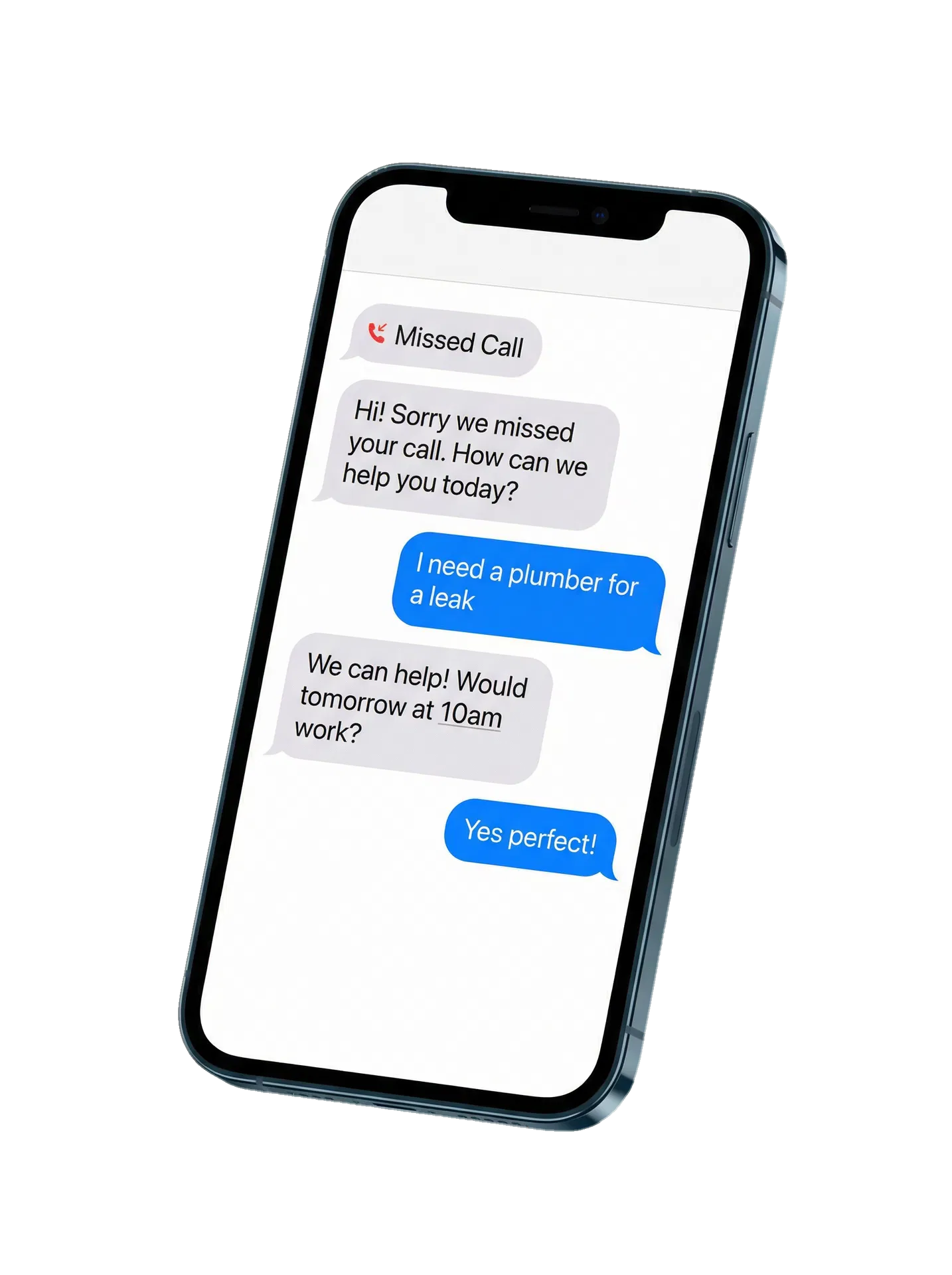 Phone showing automated text-back conversation after a missed call