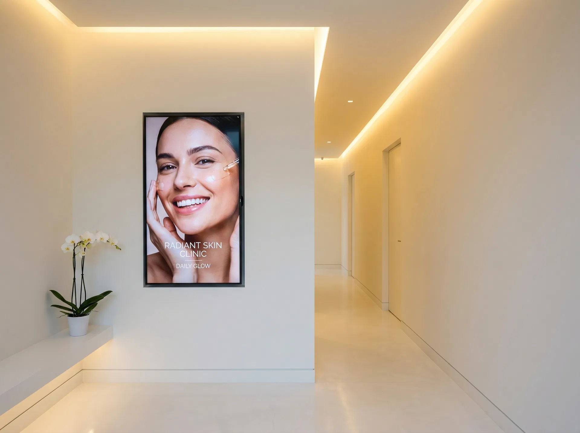 Med spa hallway with vertical portrait-orientation monitor showing skincare content