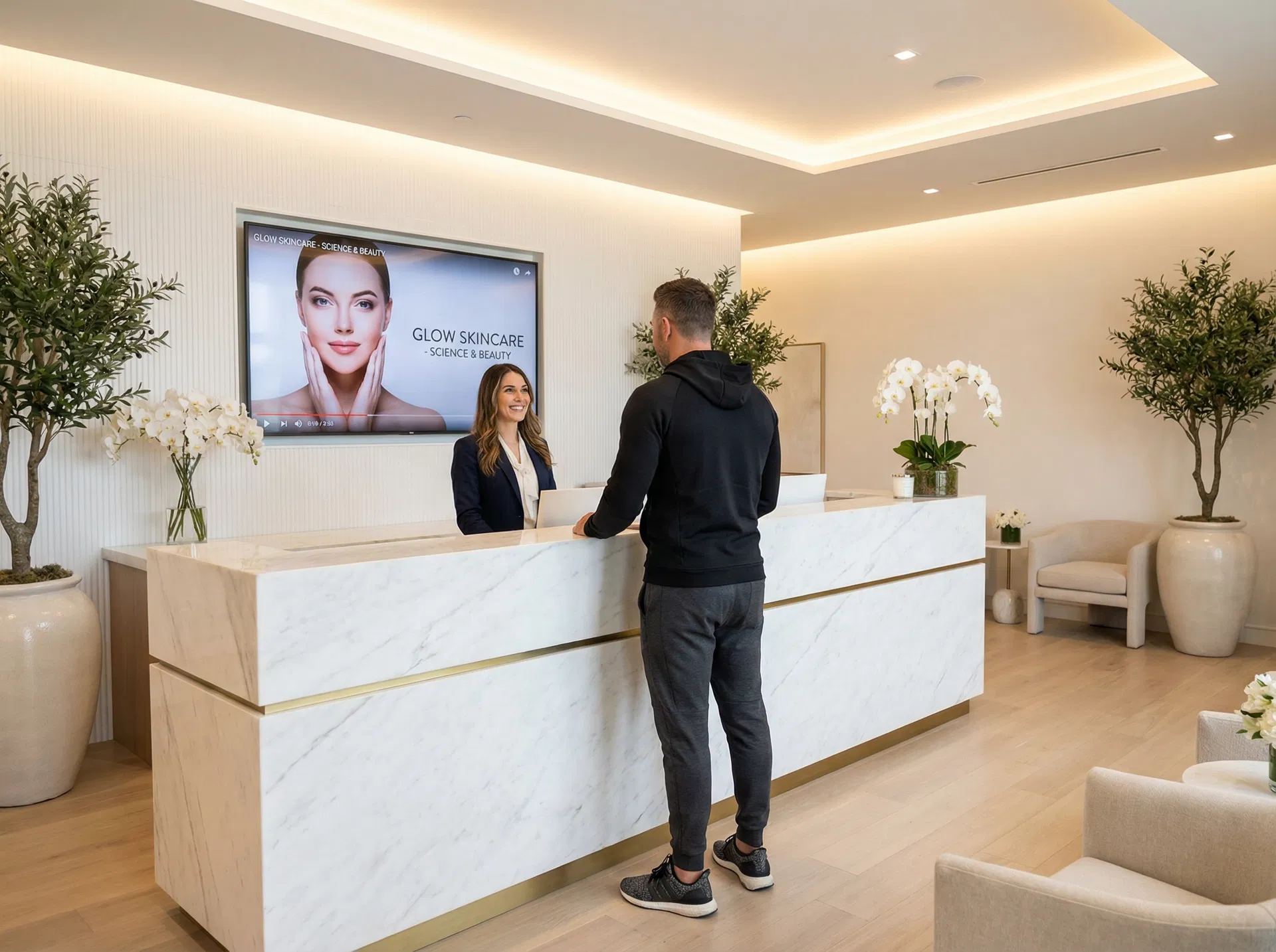 Modern med spa reception desk with male patient in athleisure and TV display on wall