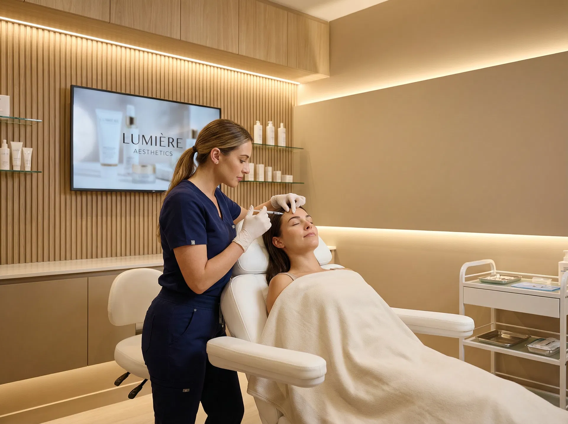 RN administering botox to client in treatment room with branded content on TV